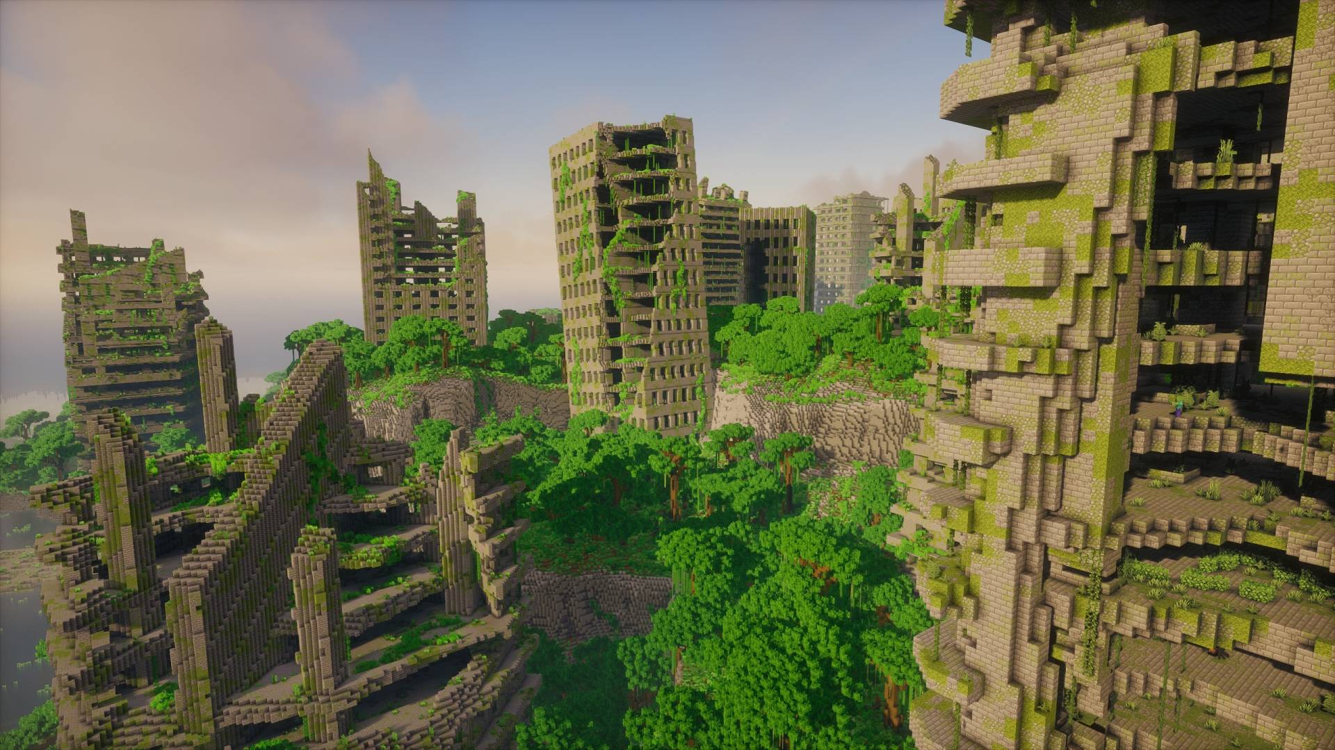 Quartier abandonné avec plusieurs immeubles en ruine dans Minecraft