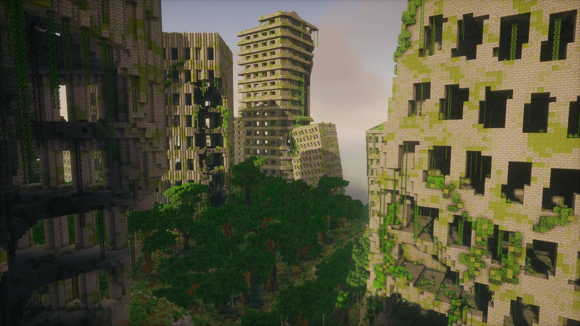 Passage entre plusieurs immeubles abandonnés dans Minecraft