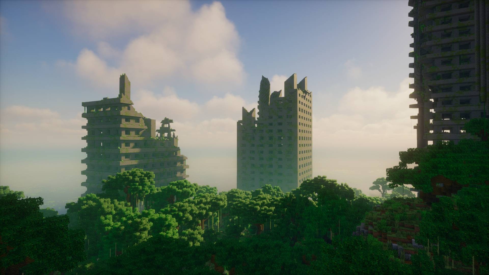 Ruines urbaines envahies par la végétation dans Minecraft