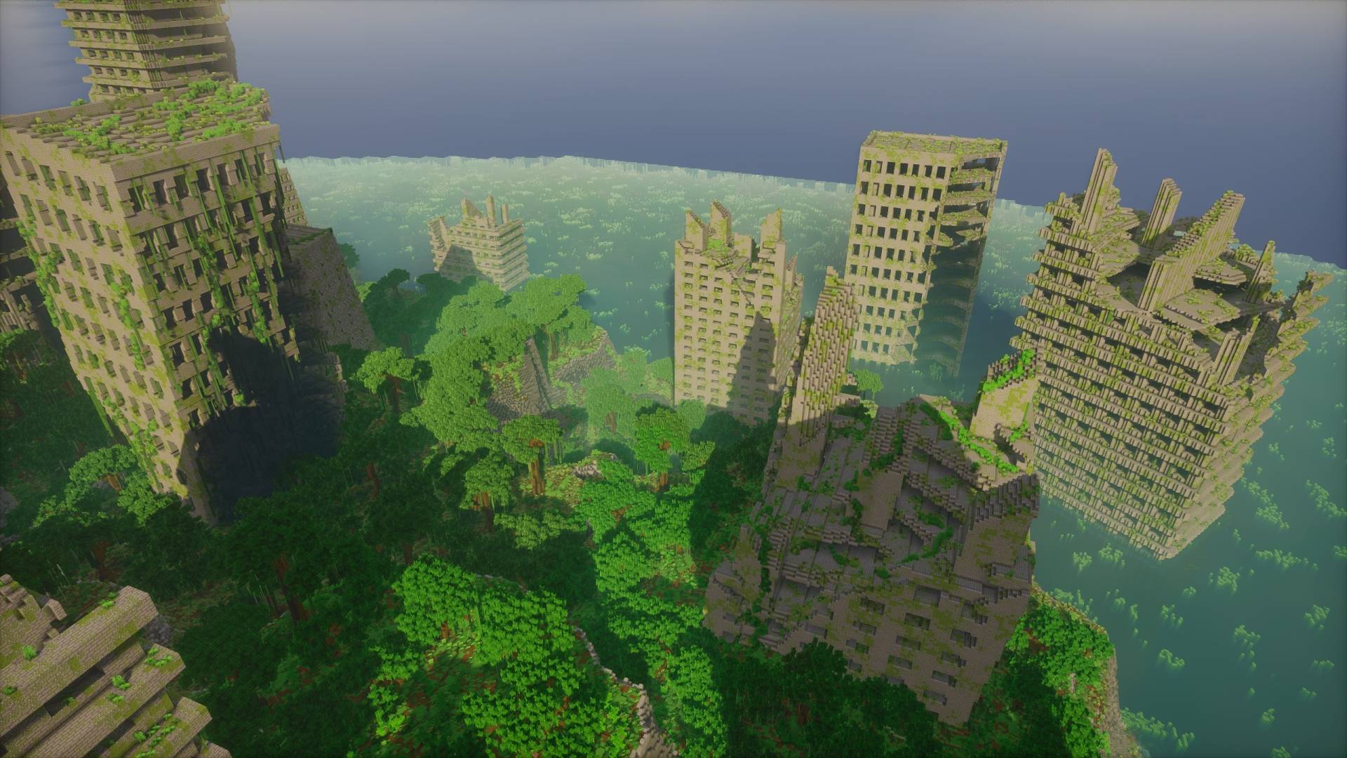 Vue aérienne des immeubles détruits sur l’île de survie Abandoned Overgrown City