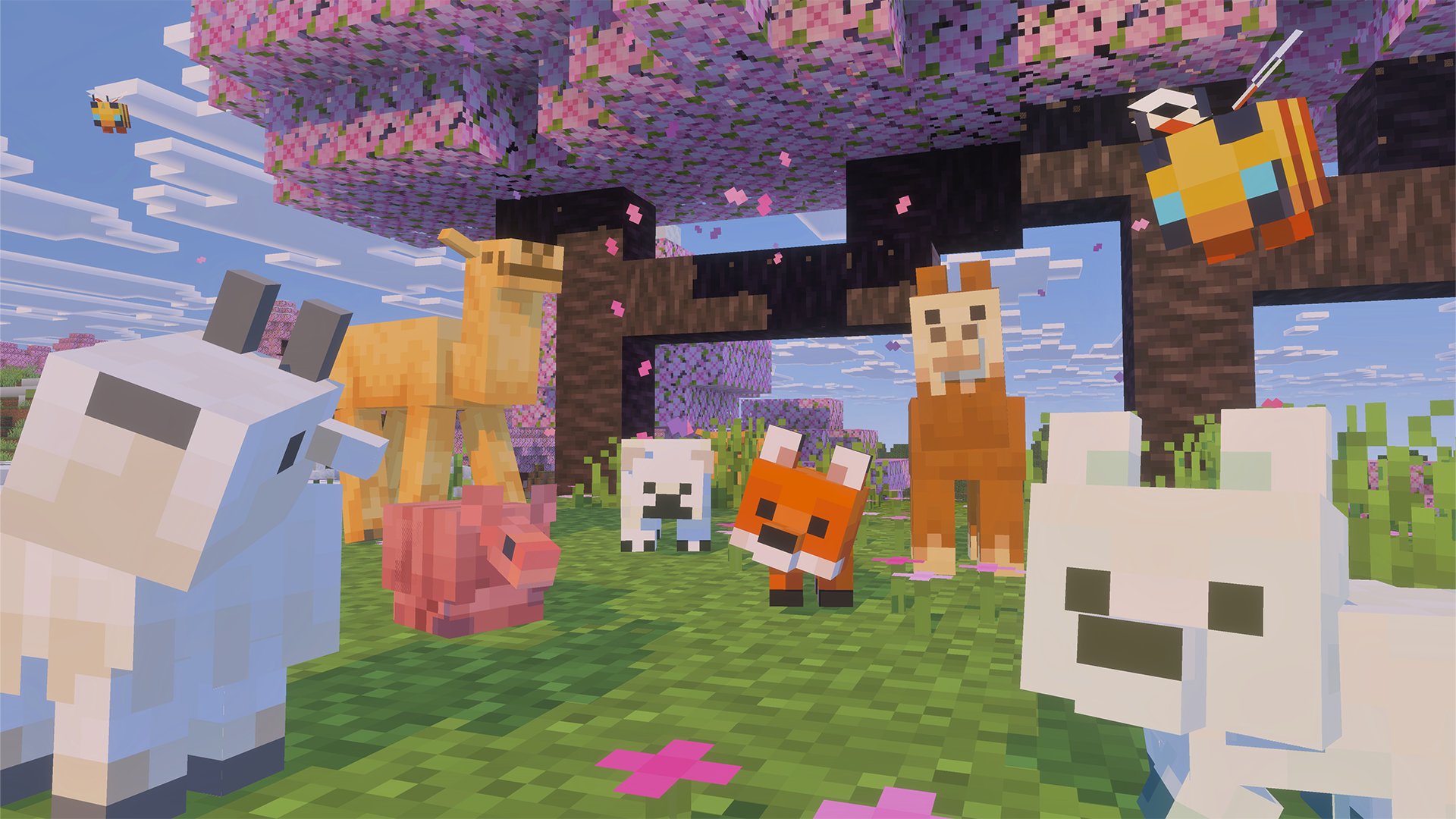 Animaux passifs dans un Bosquet de cerisiers de Minecraft.