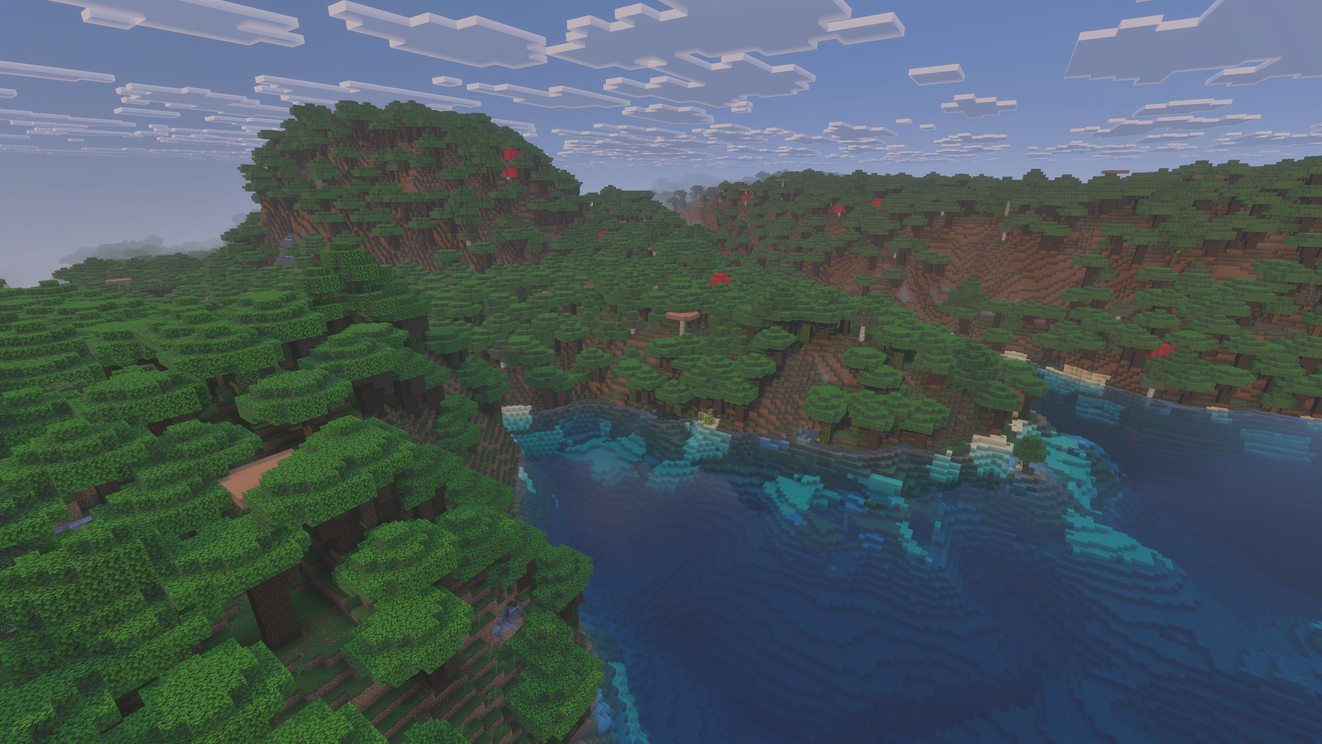 Vue d’ensemble d’une forêt sombre dans Minecraft, avec des chênes noirs serrés et une canopée dense.