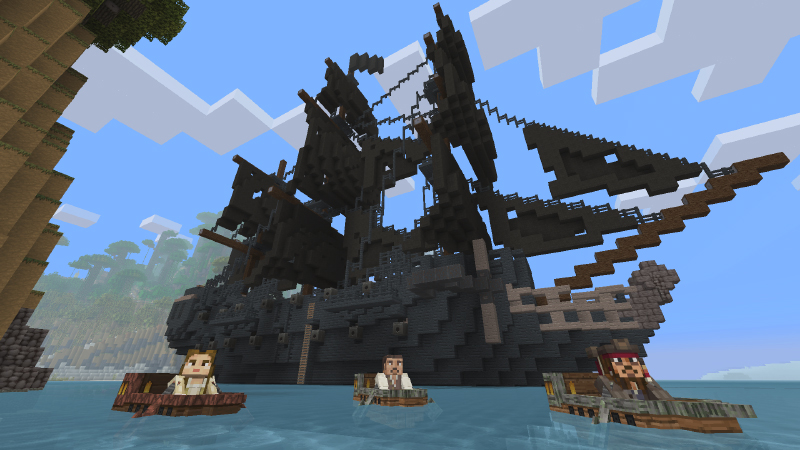 Grand navire pirate noir amarré dans Minecraft avec le pack Pirates of the Caribbean Mash-up