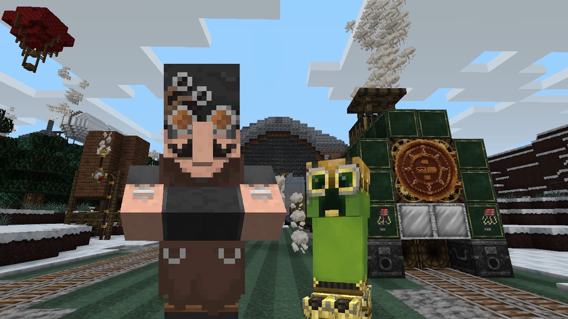 Personnages et créature aux textures steampunk devant une locomotive verte dans Minecraft.