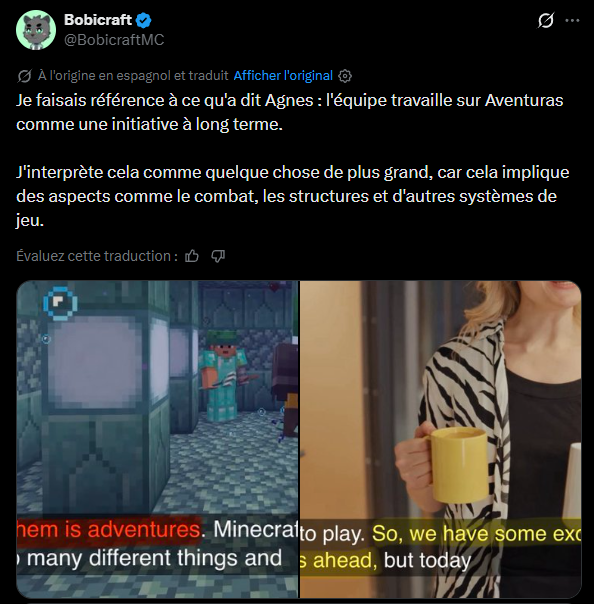 Capture d’un tweet de Bobicraft précisant qu’il faisait référence à Aventuras comme initiative à long terme pour Minecraft.