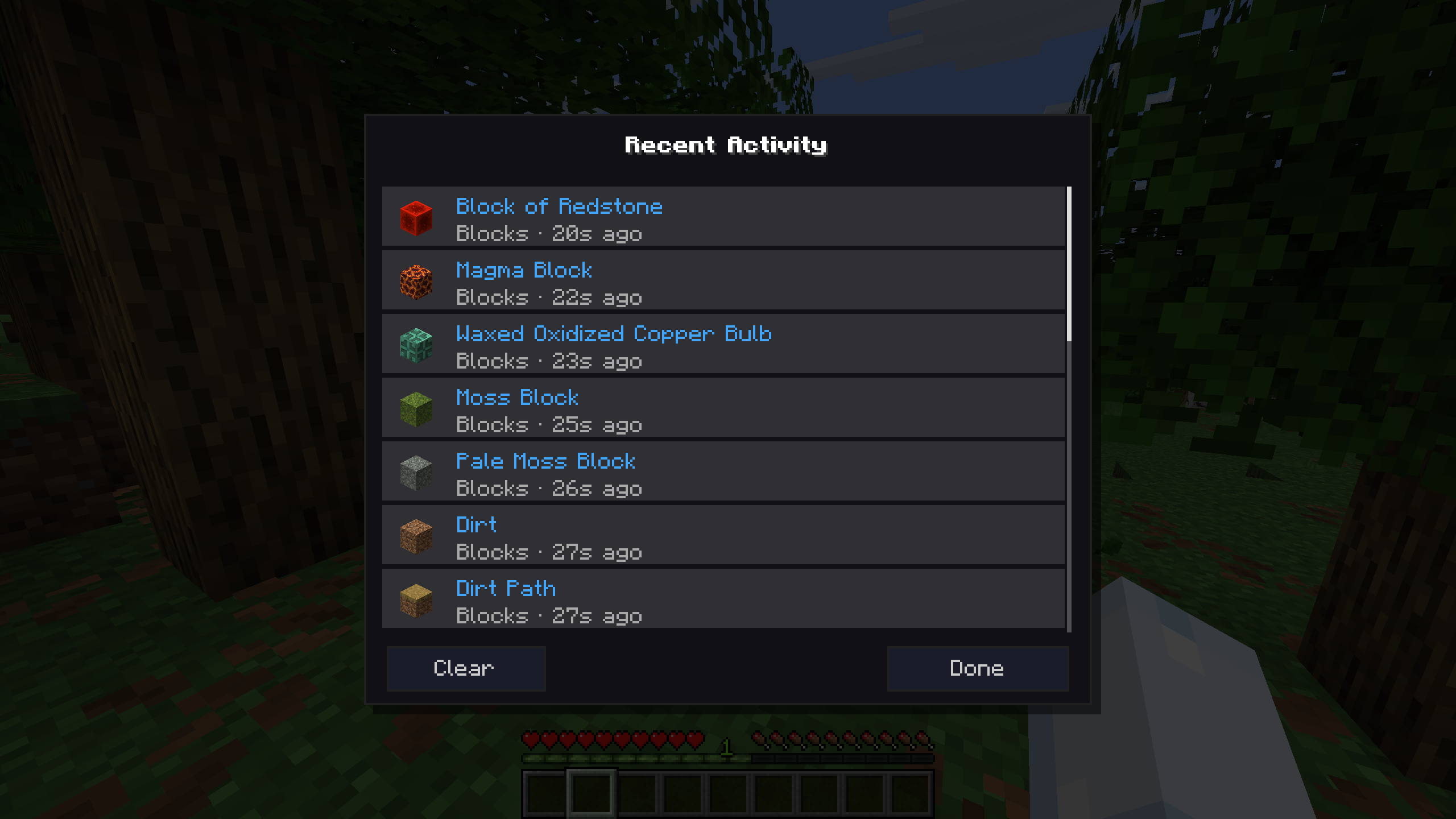Journal d’activité récente du mod Collect Everything dans Minecraft