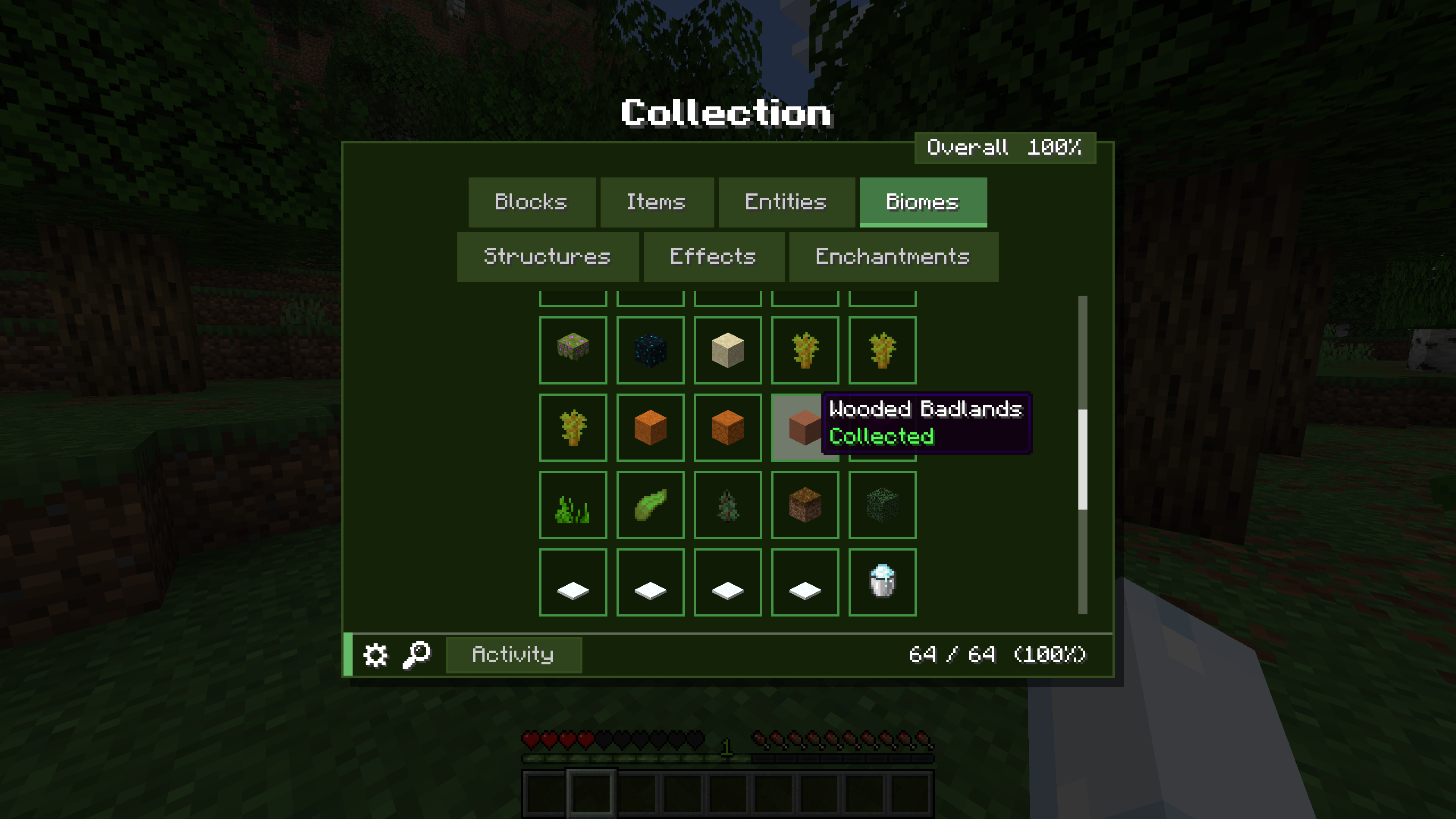 Onglet des biomes suivis par le mod Collect Everything dans Minecraft