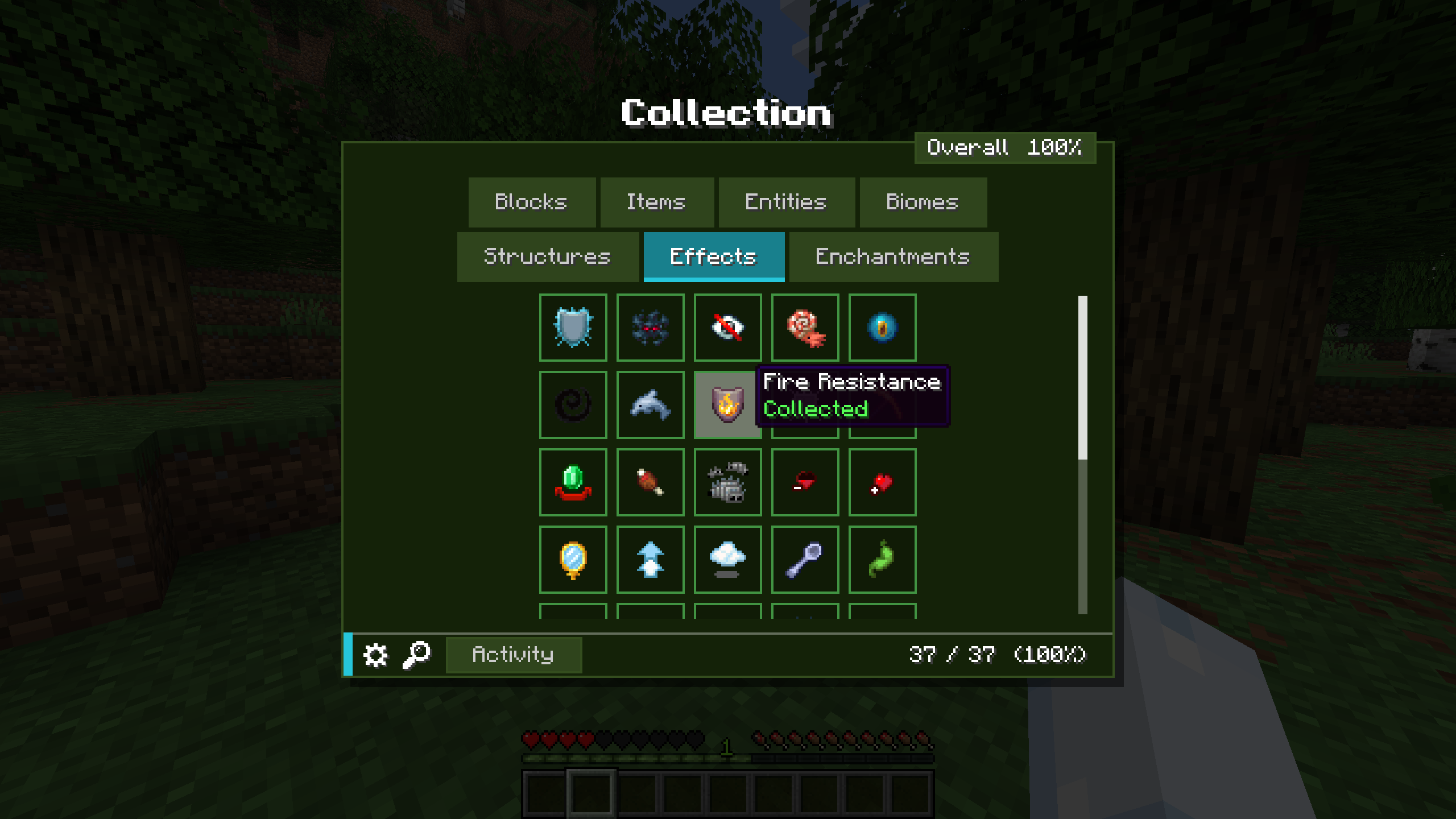 Onglet des effets de statut dans le mod Minecraft Collect Everything