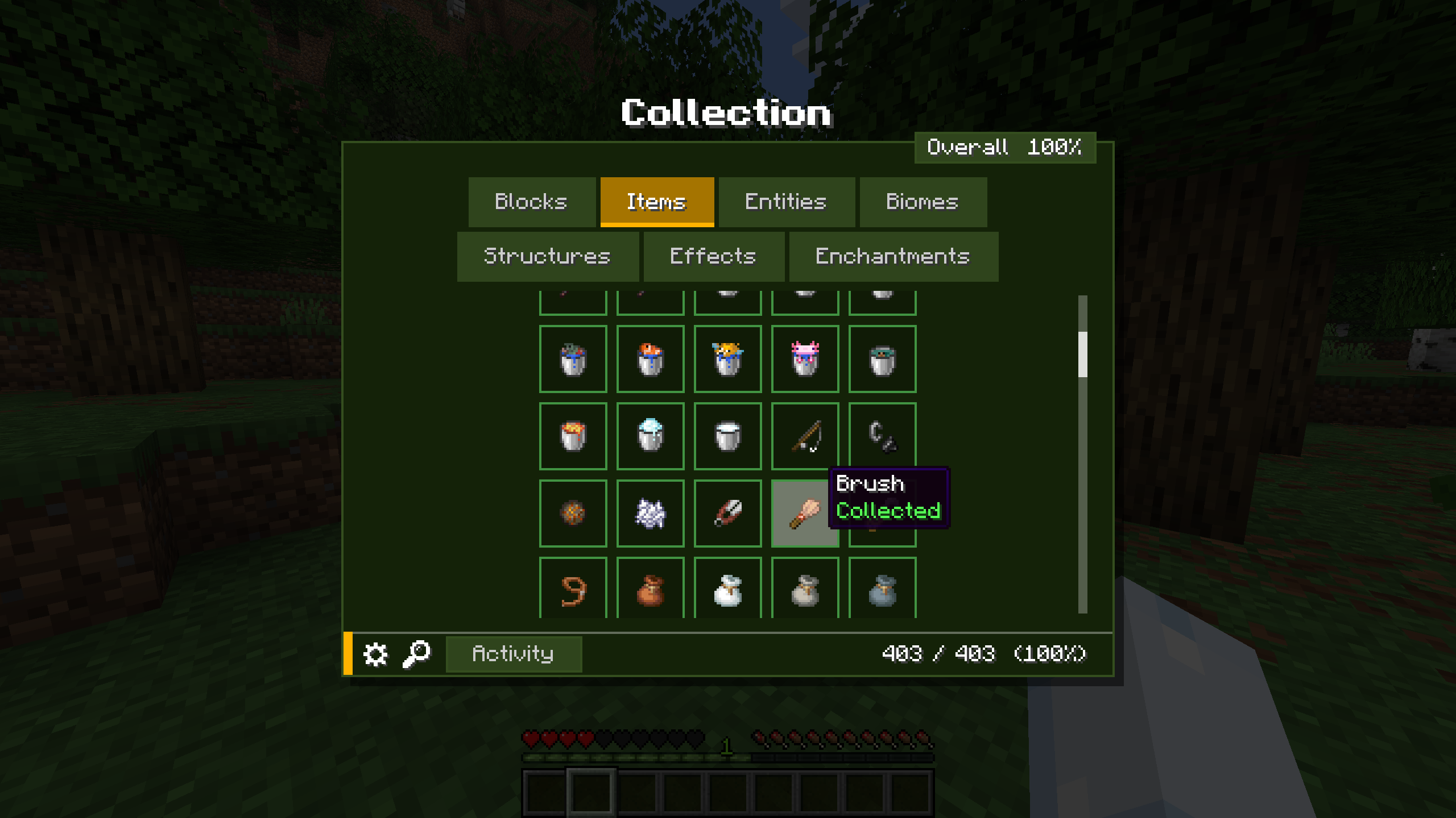 Onglet des objets à collecter avec le mod Collect Everything dans Minecraft