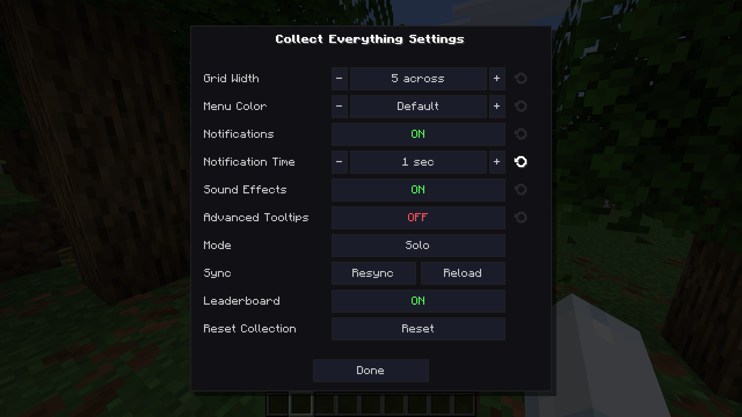 Page des paramètres du mod Collect Everything pour Minecraft