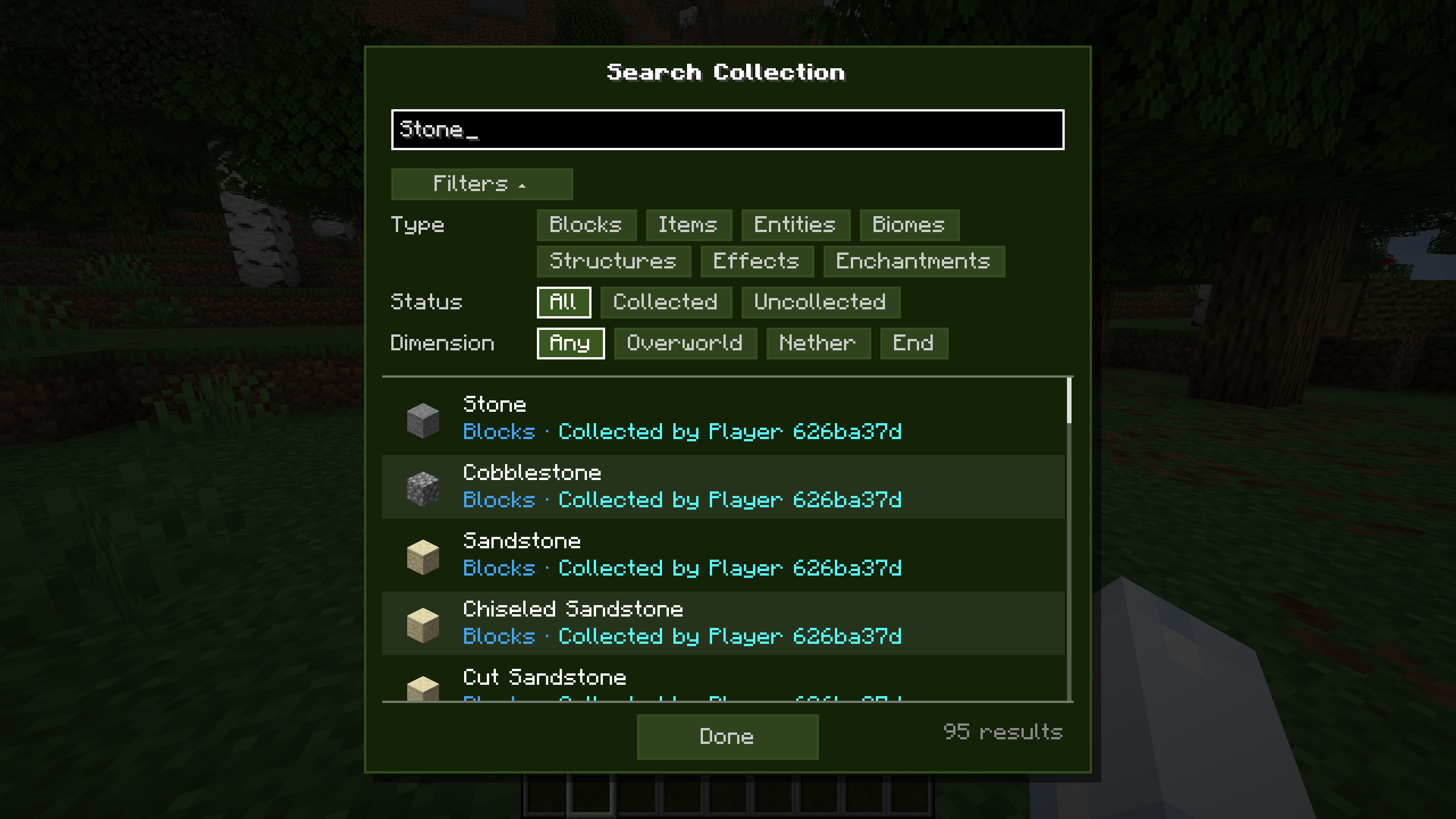 Menu de recherche avec filtres dans Collect Everything pour Minecraft