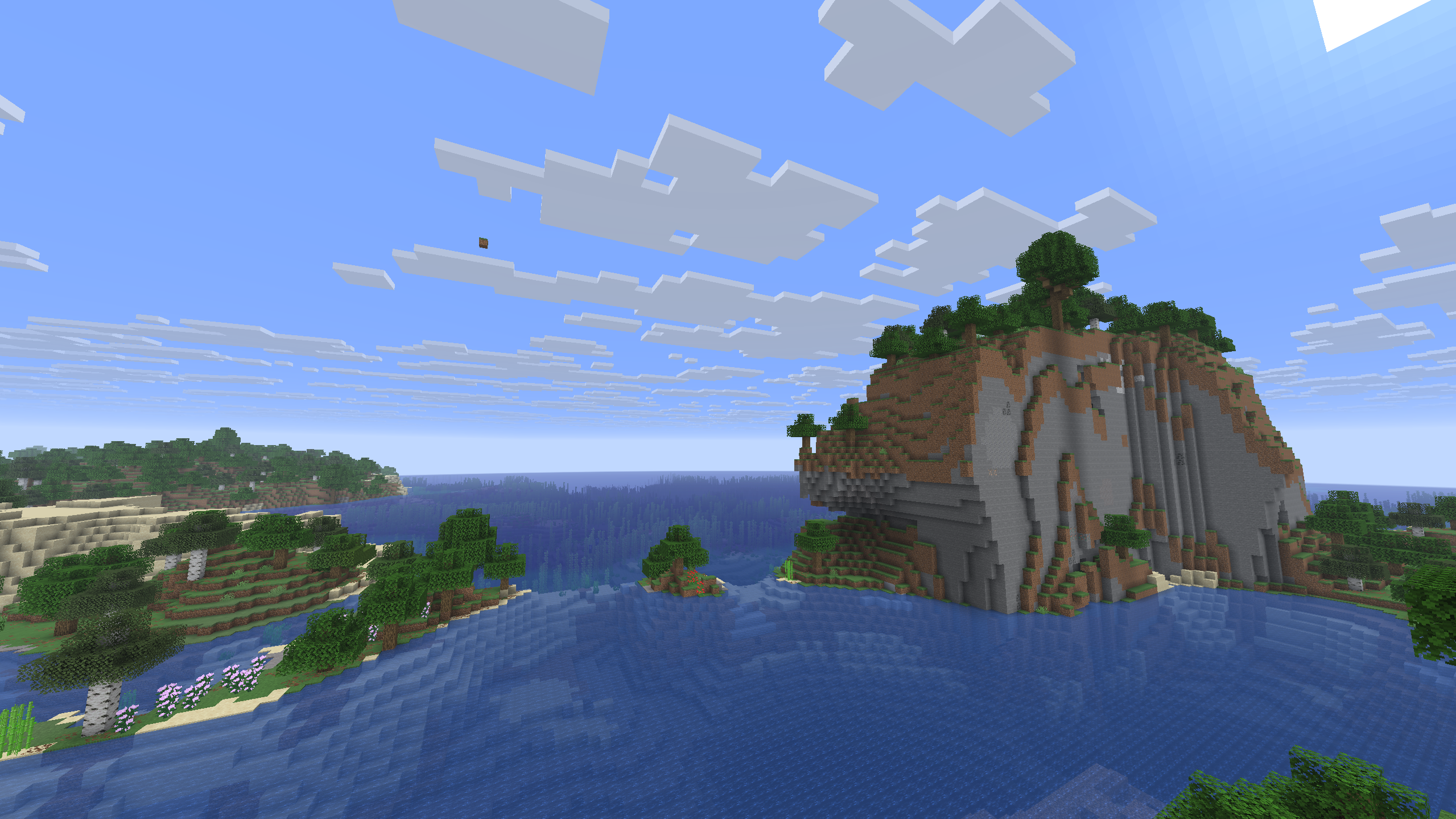 Vue sur une baie et une falaise boisée au bord de l’océan dans Minecraft, utilisée pour illustrer C418 Songs Only.