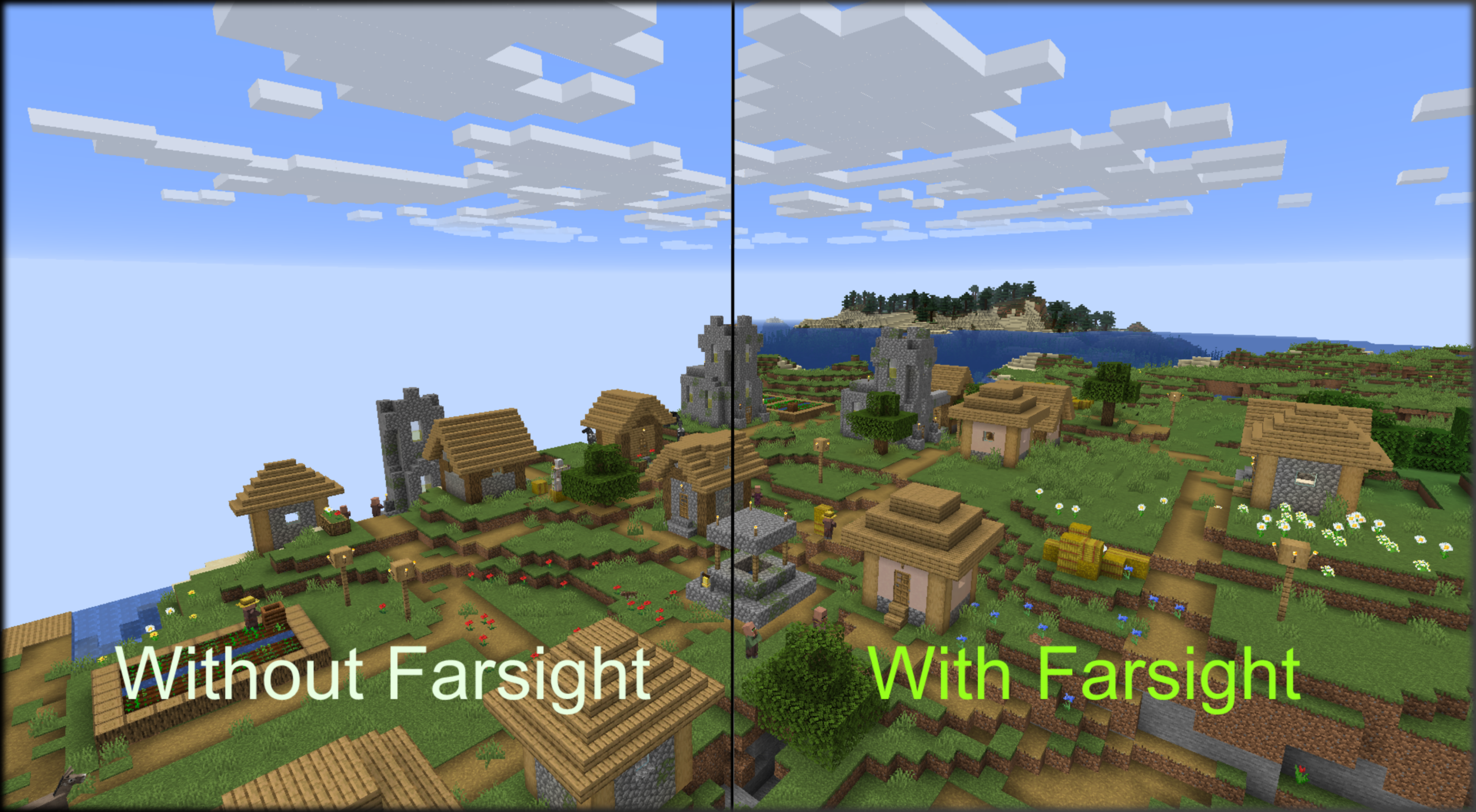 Comparaison dans Minecraft entre un village affiché sans Farsight et avec Farsight, qui conserve les chunks déjà explorés à distance.