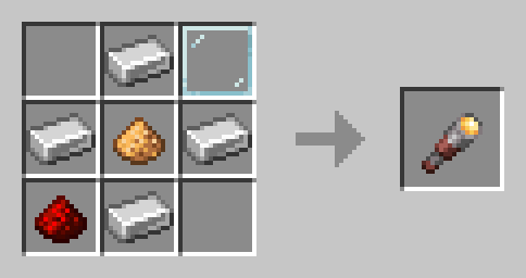 Recette de craft de la lampe torche du mod Illuminated dans Minecraft avec lingots de fer, verre, glowstone et redstone