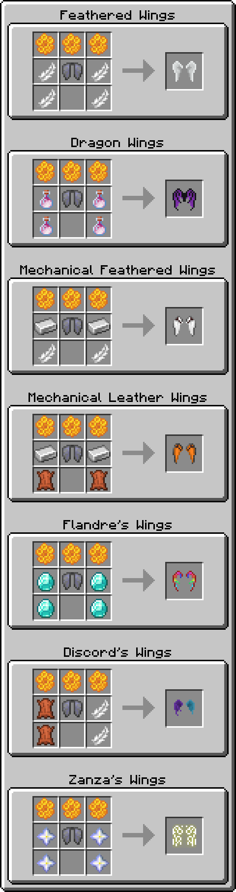 Recettes de fabrication de plusieurs ailes du mod Icarus dans Minecraft, toutes créées à partir d’une élytre et de matériaux différents.