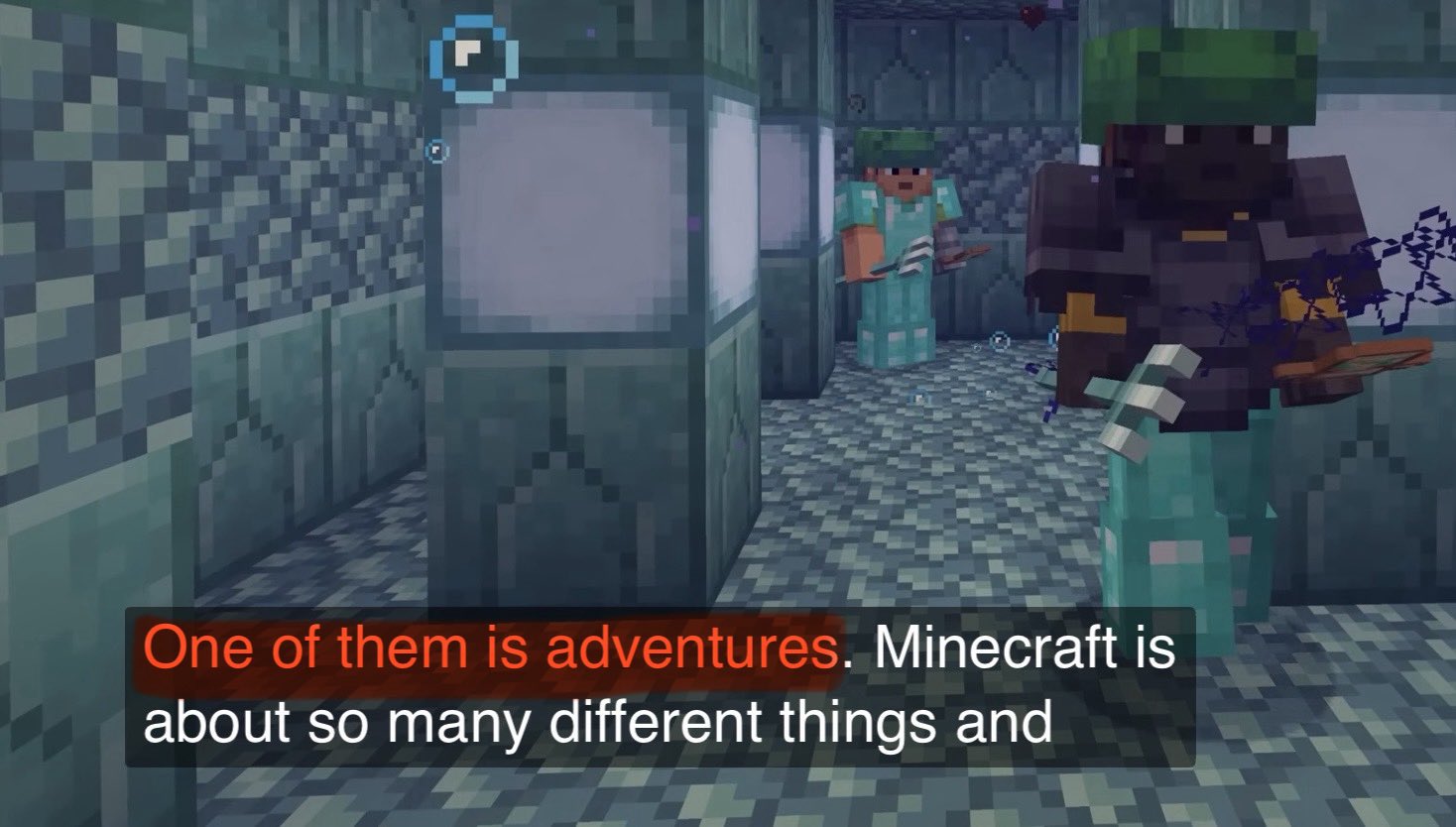 Capture du Minecraft Live montrant une cité antique avec un texte évoquant l’aventure dans Minecraft.