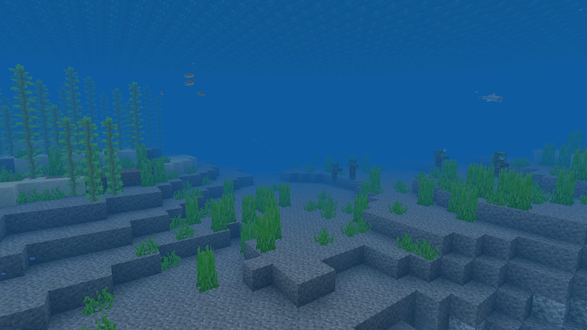 Créatures de l’océan de Minecraft, avec des morues, des dauphins et des poulpes sous l’eau.