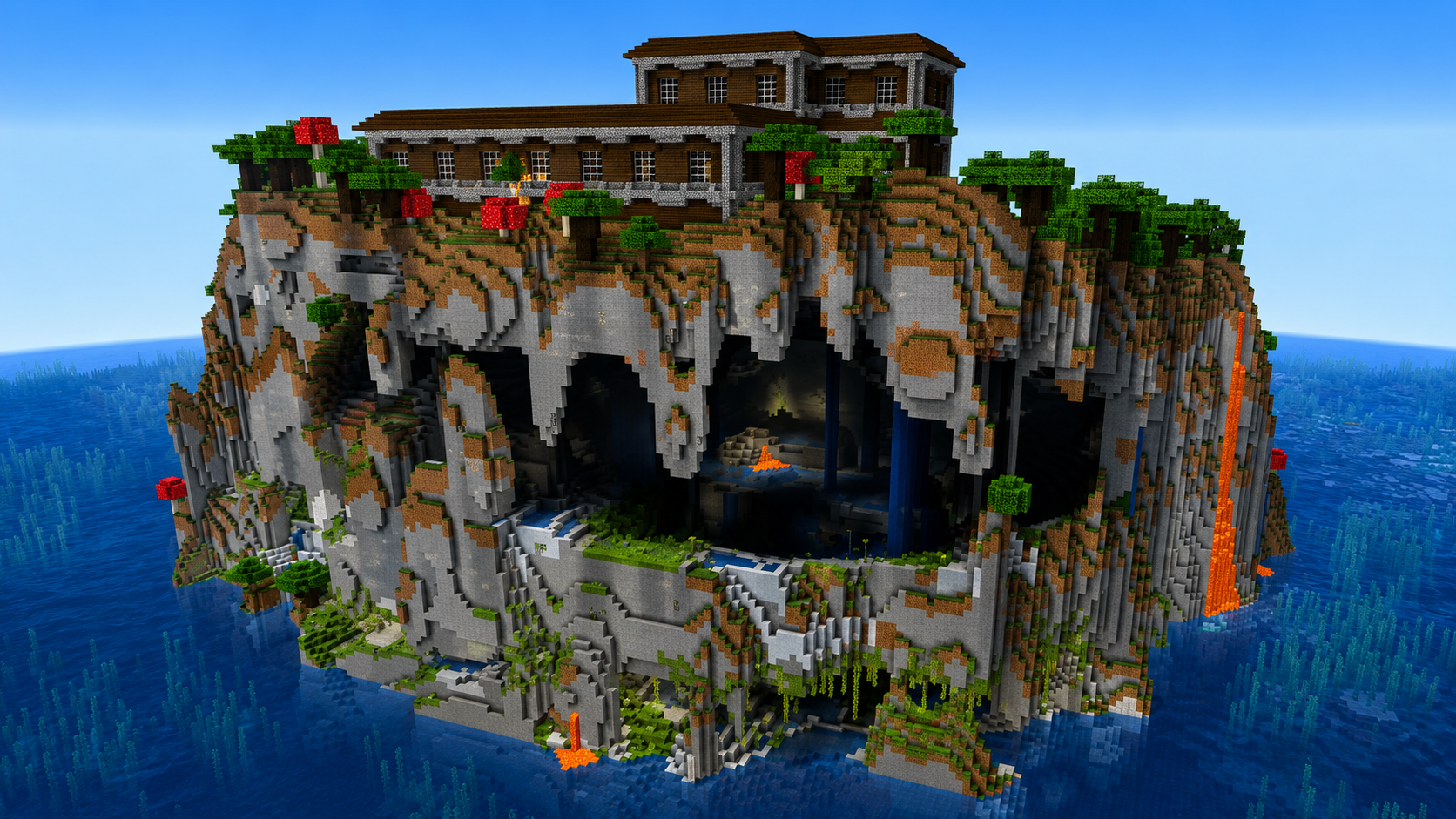 Manoir sur une île avec grotte luxuriante sous la falaise dans Minecraft