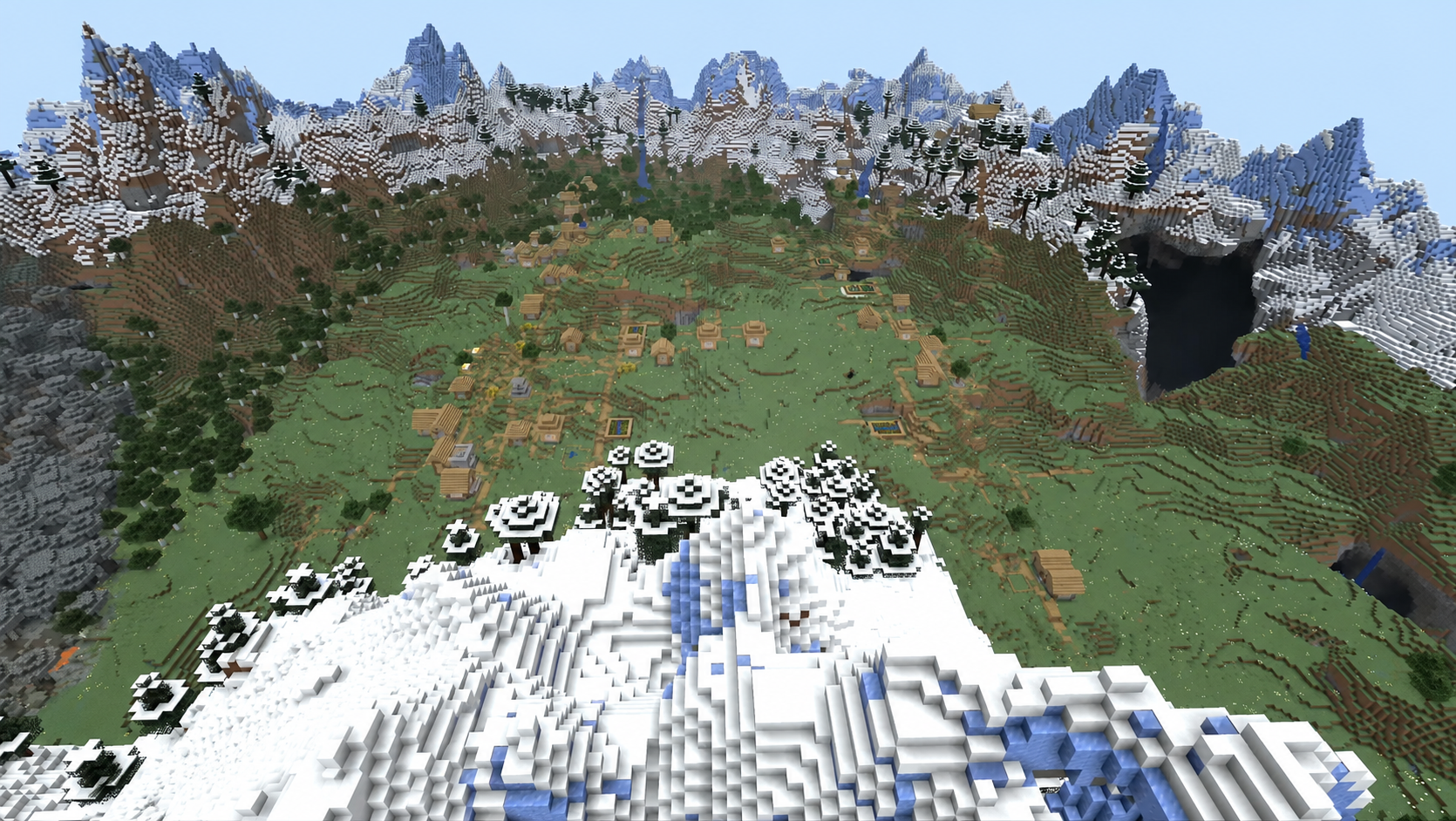 Cratère de montagne avec plusieurs villages dans Minecraft