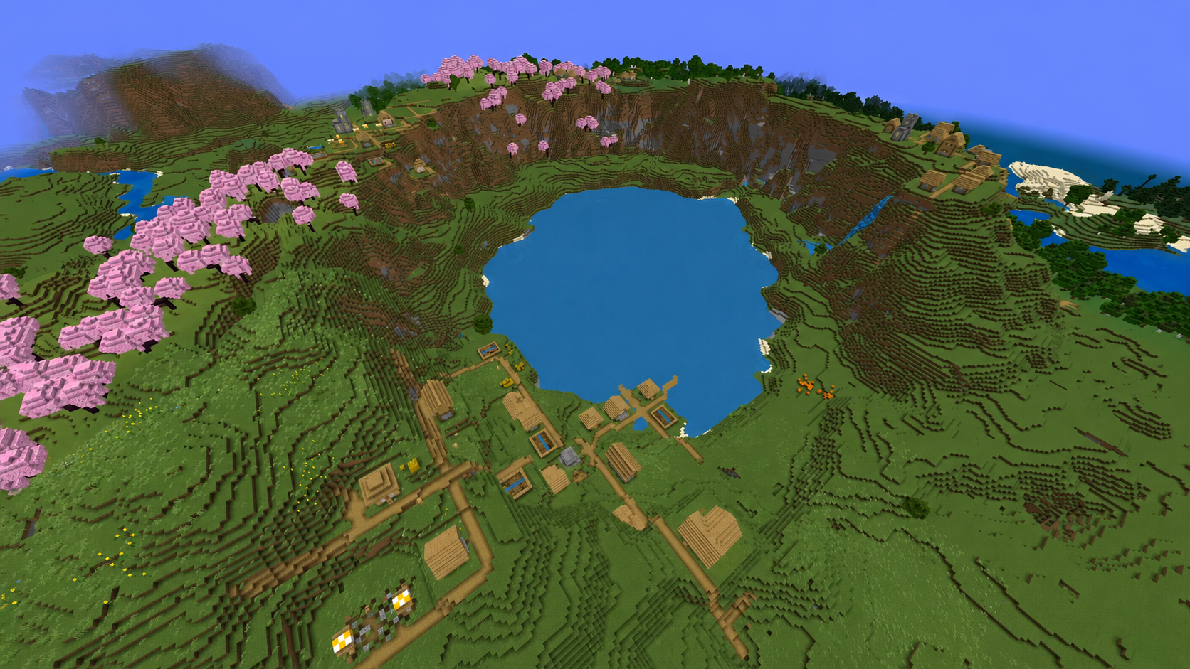 Seed Bedrock Minecraft 26.2 avec villages, lac et cavernes de soufre