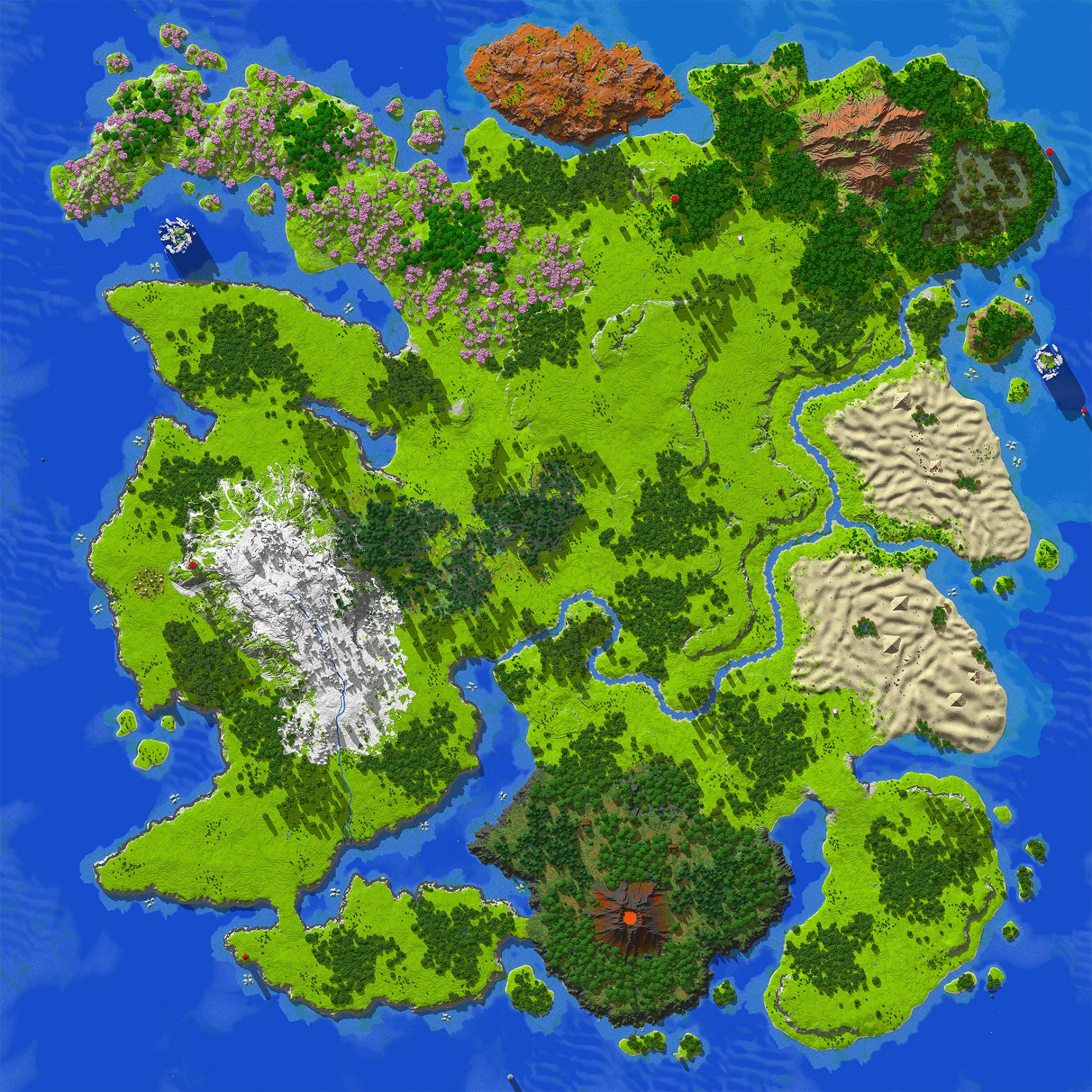 Vue générale de la map Minecraft Sulfuria avec forêts, désert, volcan et montagnes enneigées
