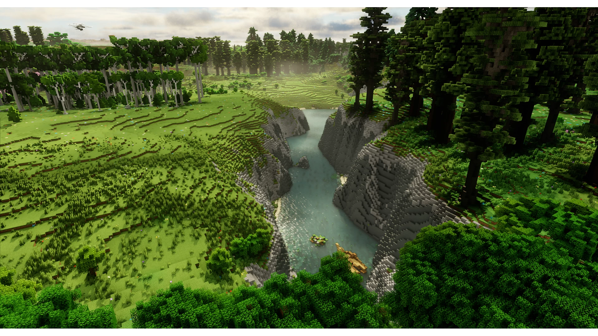 Rivière encaissée entre une plaine et une forêt sur la map Minecraft Sulfuria