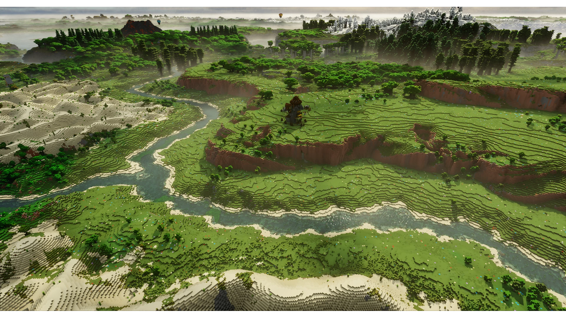 Vue aérienne d’une vallée de Sulfuria dans Minecraft avec rivière, forêts et montagnes