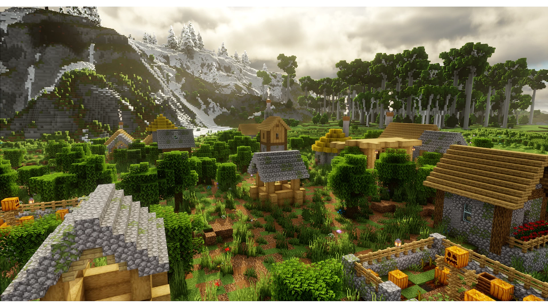 Village de la map Minecraft Sulfuria au pied de montagnes enneigées