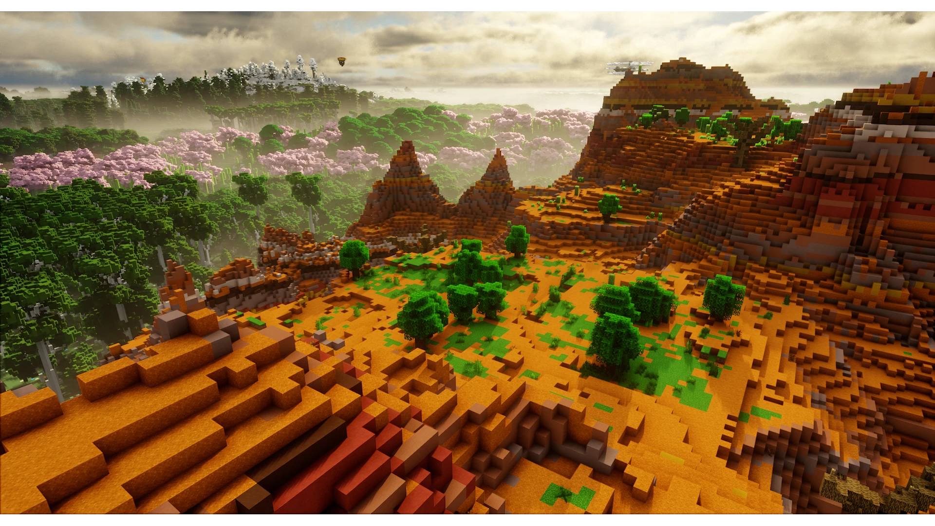 Zone aride de la map Minecraft Sulfuria avec reliefs orangés et forêt de cerisiers au loin