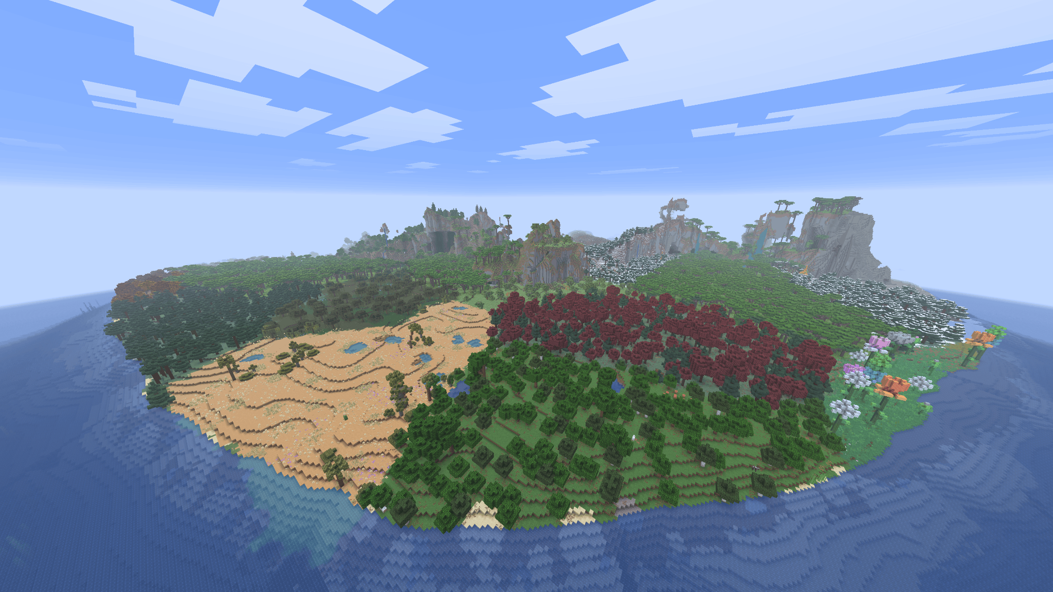 Grande île Minecraft générée par The Only Isle avec désert, forêts et biomes variés entourés par l’océan