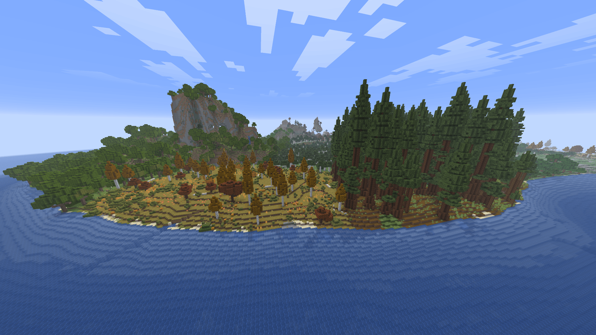 Île Minecraft entourée par l’océan avec une forêt de conifères, des arbres d’automne et des falaises