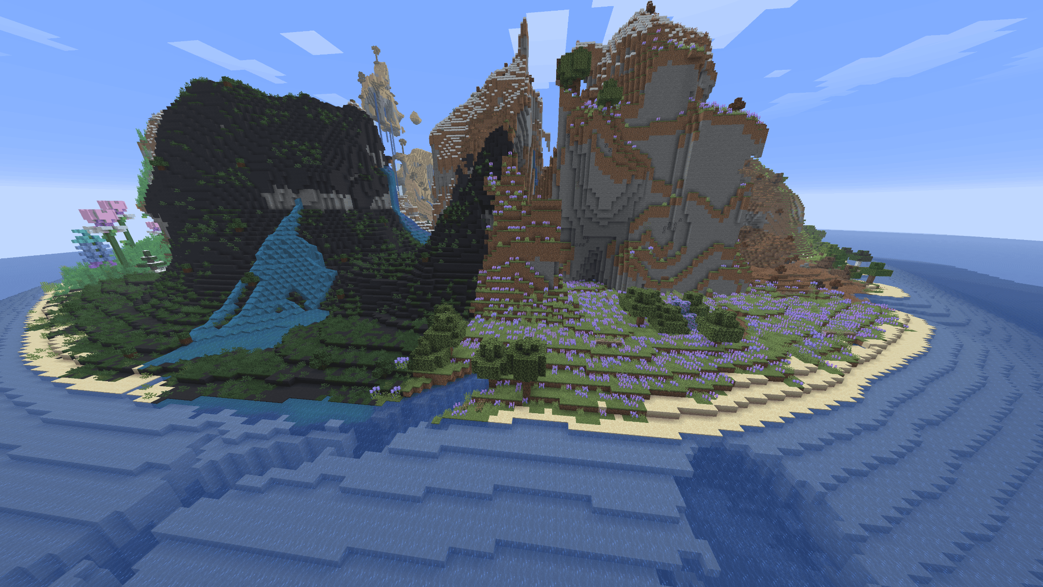 Île Minecraft avec montagnes abruptes, zone sombre, cascade bleue, plage et champ de fleurs violettes