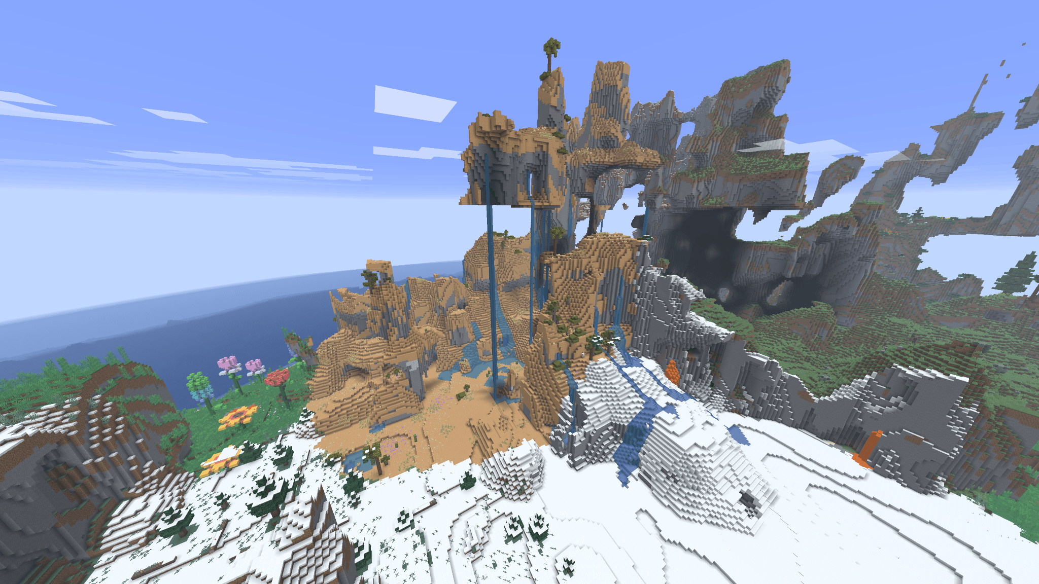 Terrain Minecraft Amplified avec montagnes flottantes, falaises, neige, désert et cascades sur une île générée par The Only Isle