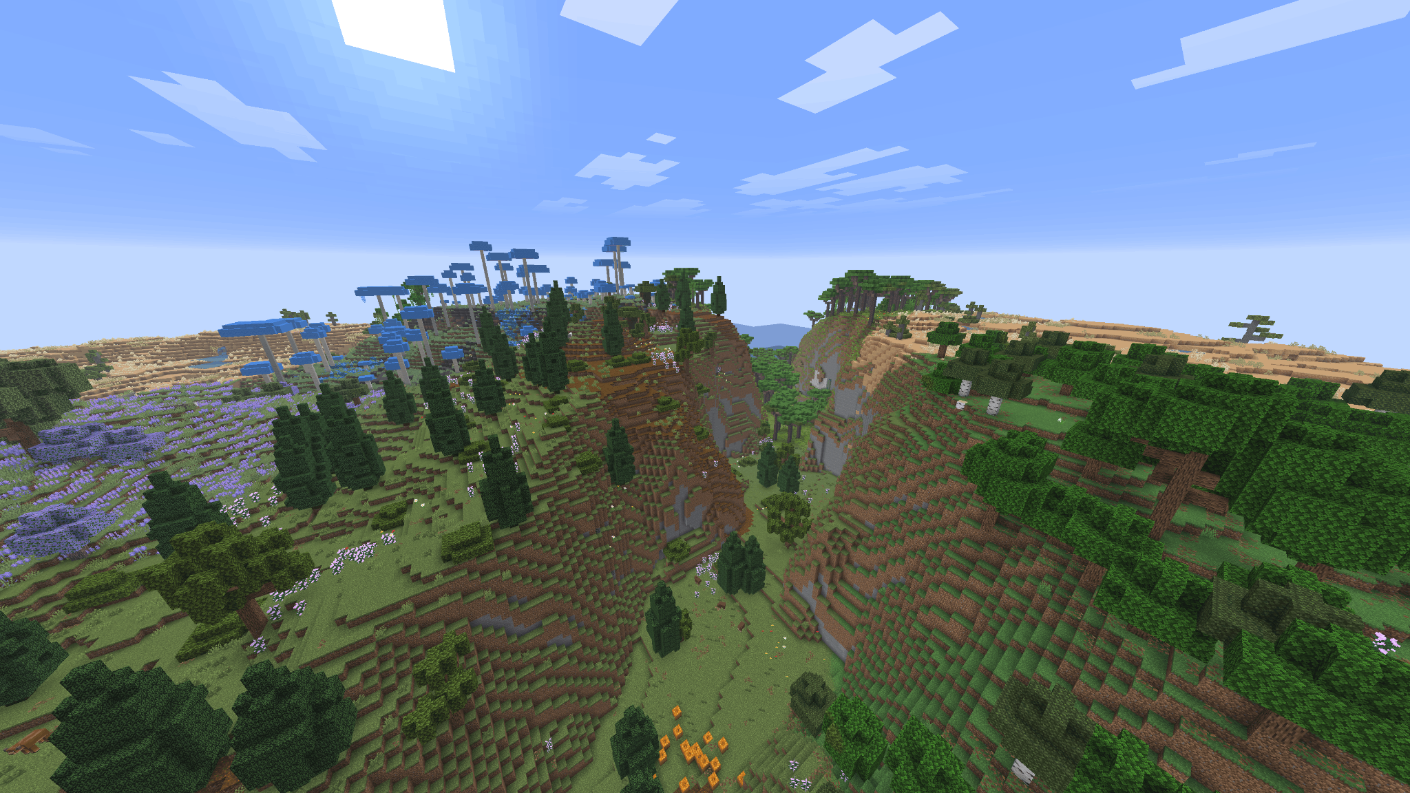 Vallée Minecraft avec plusieurs biomes rapprochés, champignons bleus, forêts, falaises et désert en arrière-plan