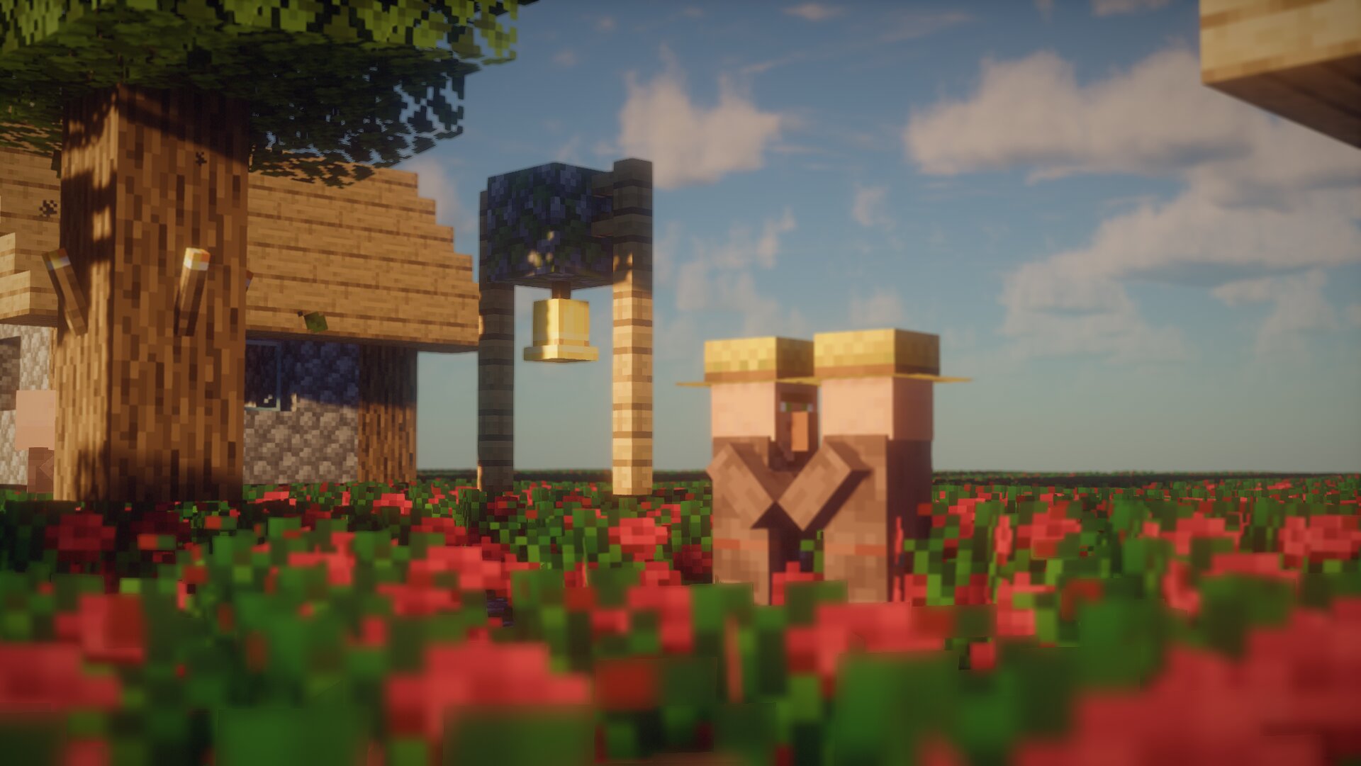 Village Minecraft éclairé et coloré avec Turtle Shaders