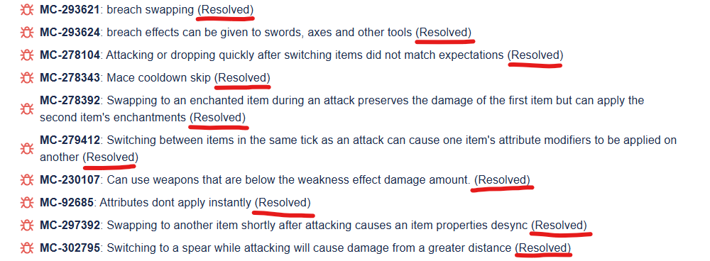 Liste de rapports de bugs Minecraft marqués comme résolus, dont plusieurs liés au breach swapping, aux attributs et au changement rapide d’objets en PvP.