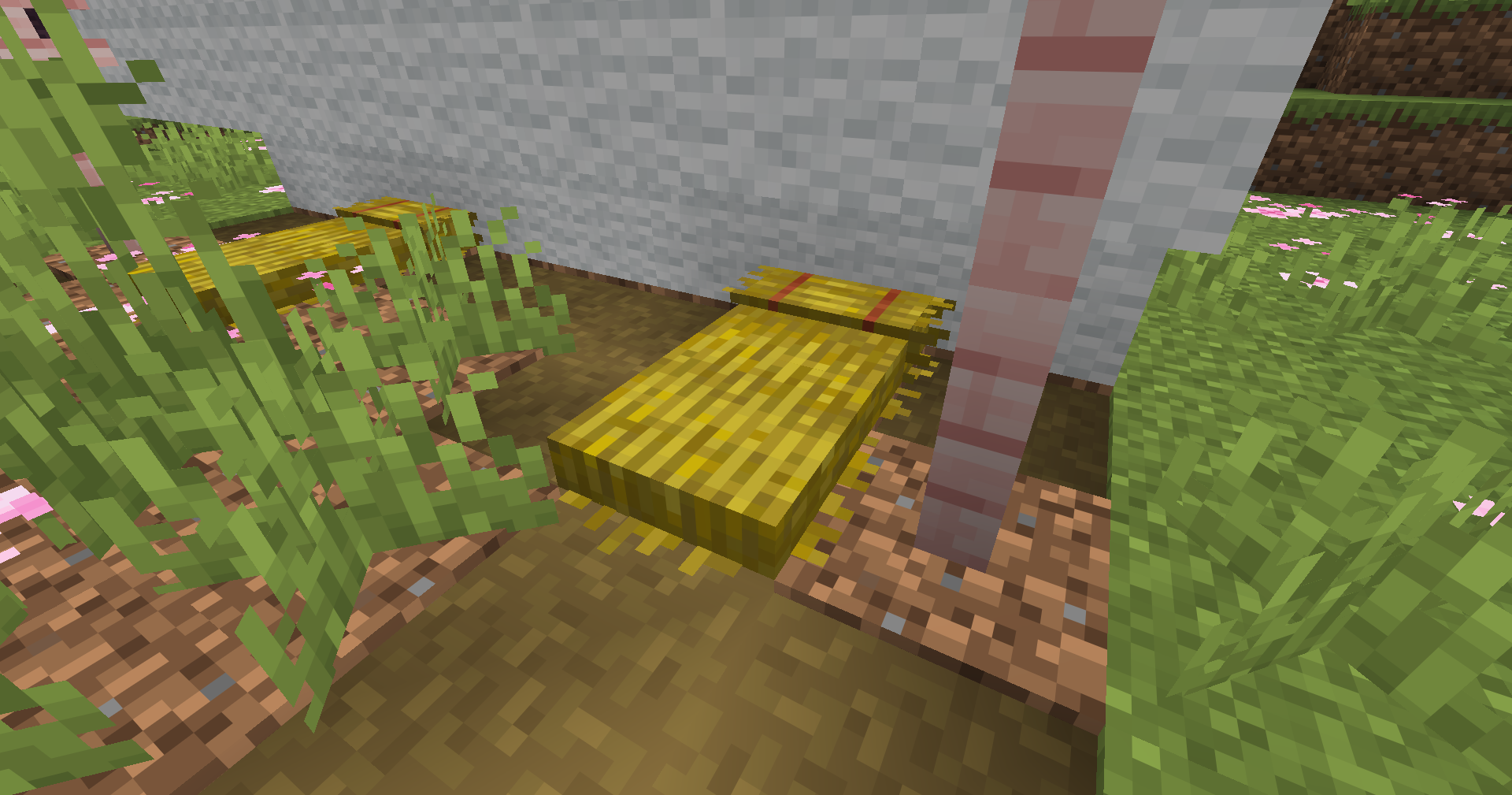 Lit de paille dans un camp abandonné Lit de paille placé devant une tente dans un camp abandonné de Minecraft