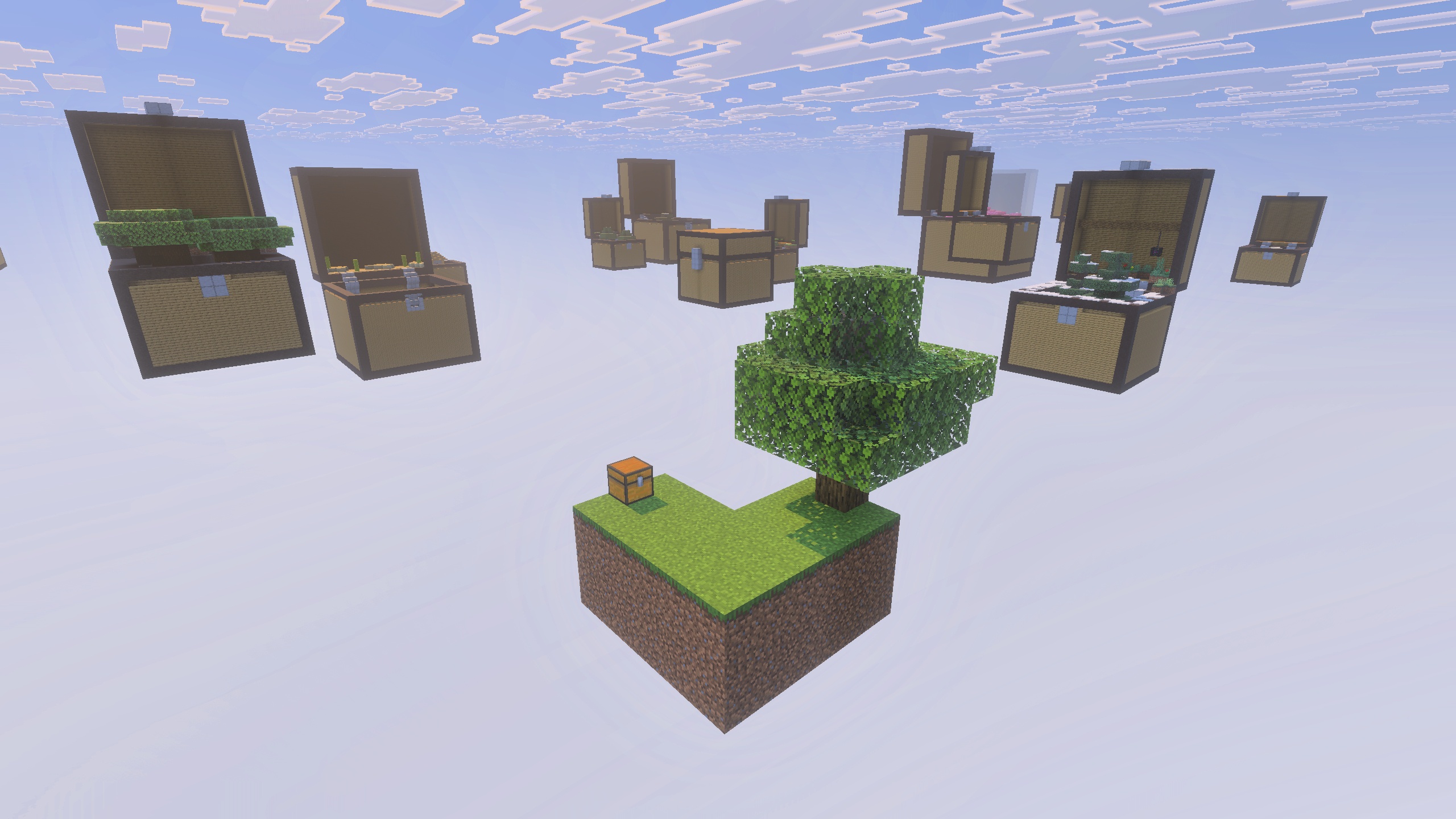Aperçu de Sky Chest Challenge avec shaders Vue d’ensemble de Sky Chest Challenge avec de grands coffres suspendus dans le ciel de Minecraft