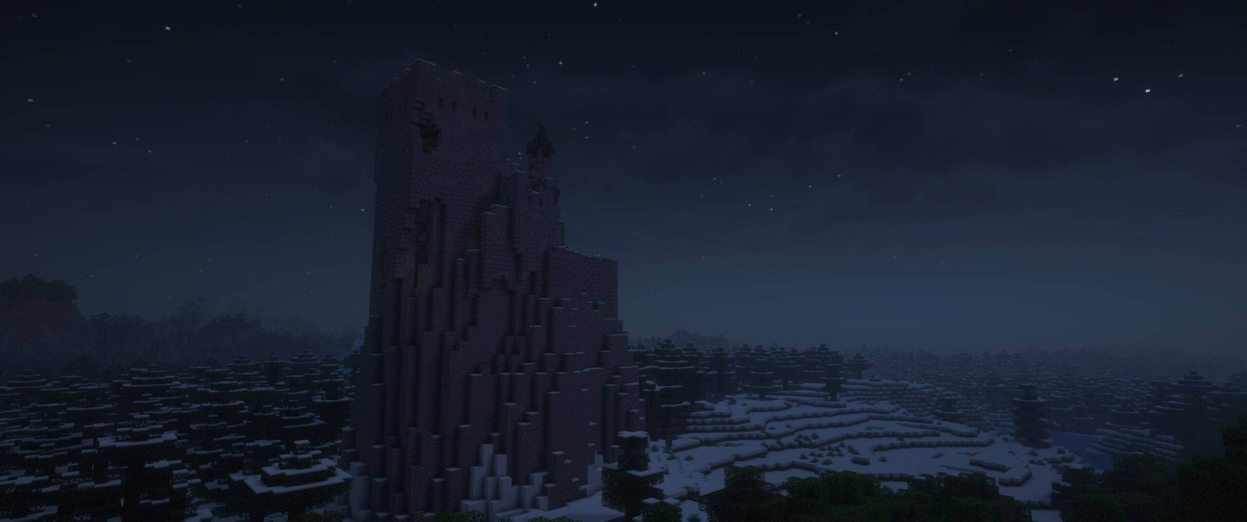 Château de nuit avec Grim Kingdoms Château de Grim Kingdoms vu de nuit dans un biome enneigé