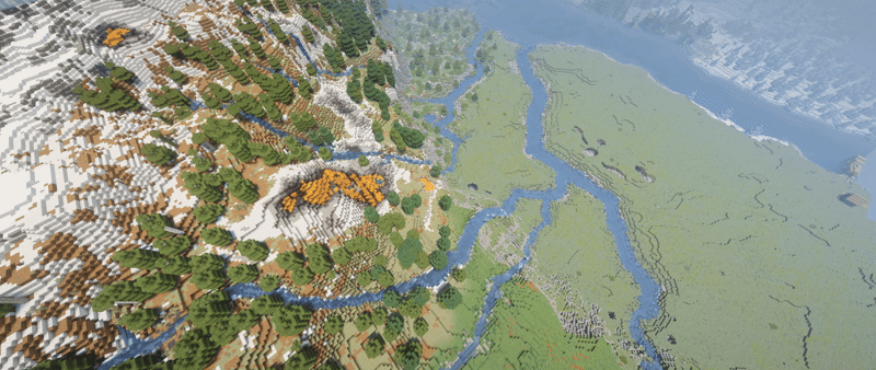 Ruisseau naturel généré par Streams Reflowing Animation montrant un ruisseau qui suit les pentes d’un paysage Minecraft avec le mod Streams Reflowing