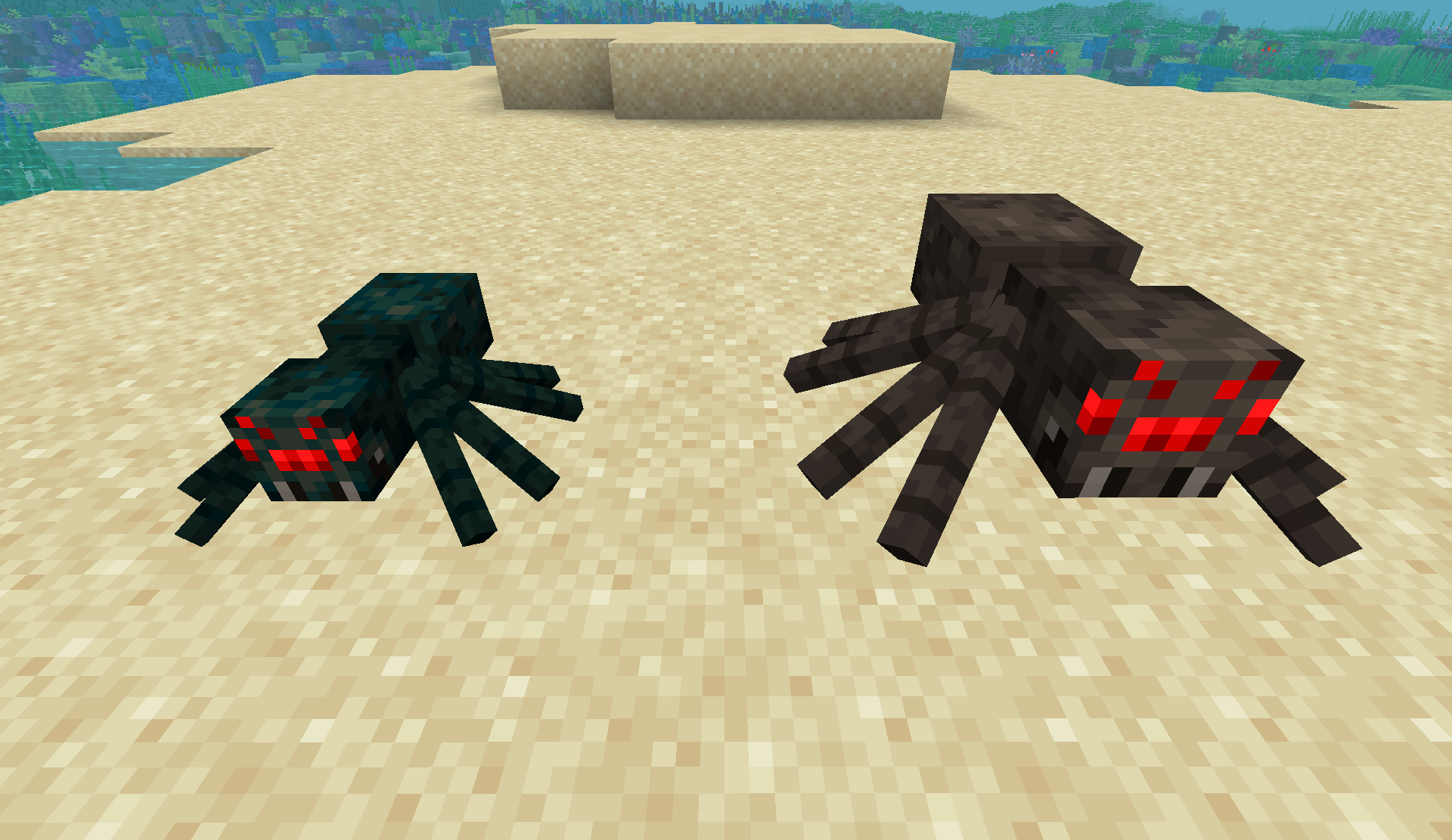 Araignée classique et araignée venimeuse Minecraft Comparaison entre une araignée classique et une araignée venimeuse dans Minecraft.