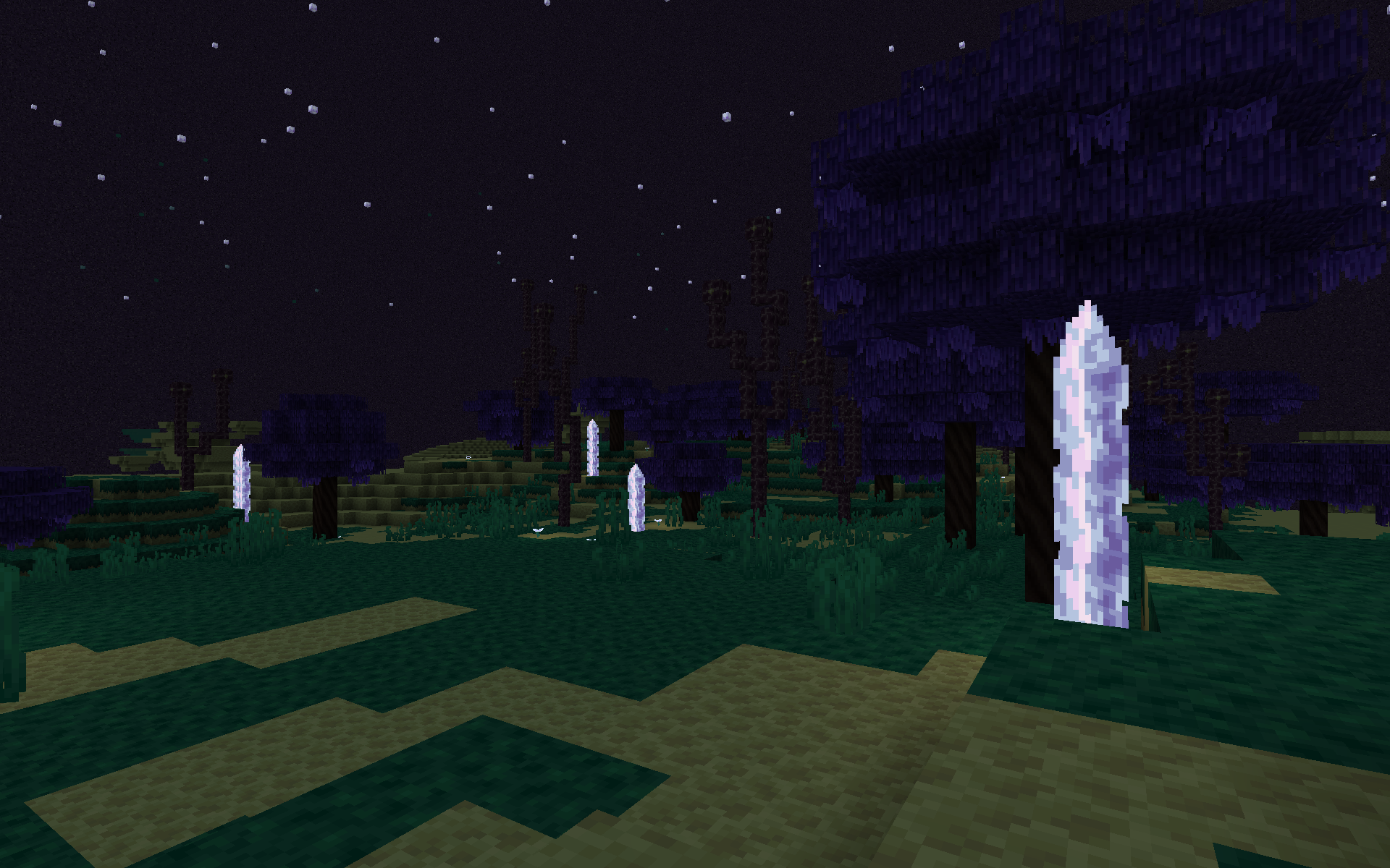 Dreaming Den dans End’s Phantasm Biome Dreaming Den d’End’s Phantasm dans l’End de Minecraft, avec arbres Pream et végétation jaune
