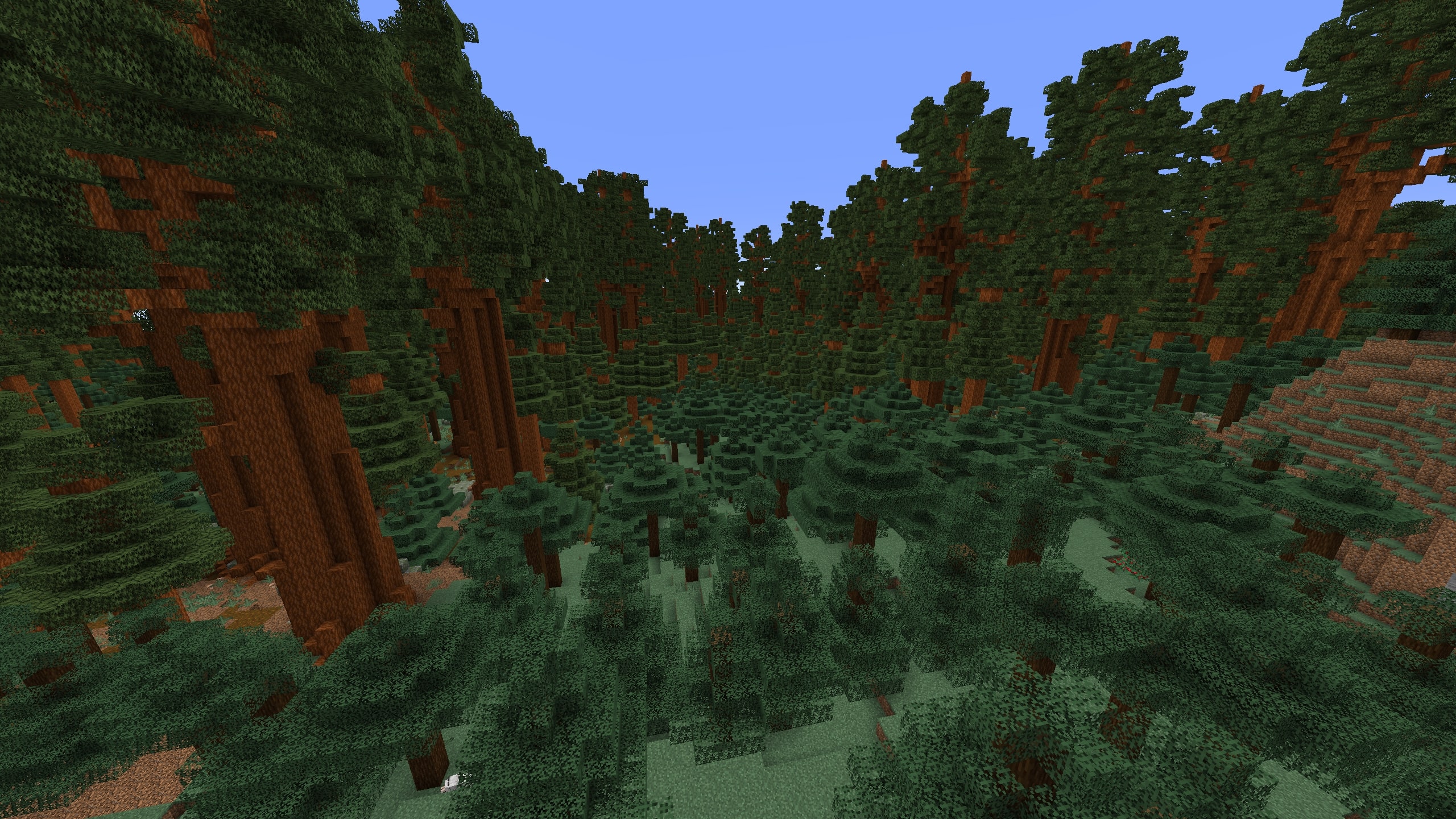 Taïga entourée de séquoias avec Mariposa Forêt de taïga bordée de séquoias géants dans Minecraft avec le mod Mariposa