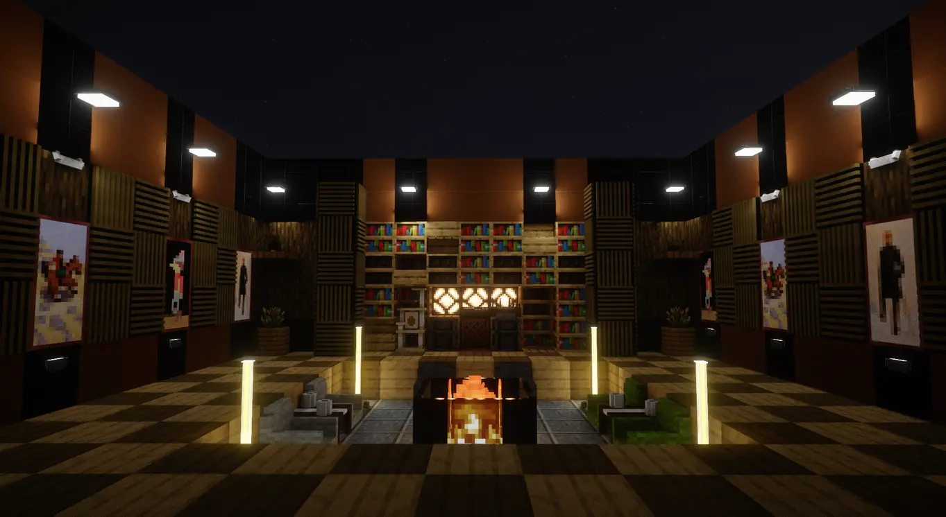Salon décoré avec Simply Cozy Salon décoré avec les meubles, lumières, enceintes et blocs Cozy de Simply Cozy dans Minecraft