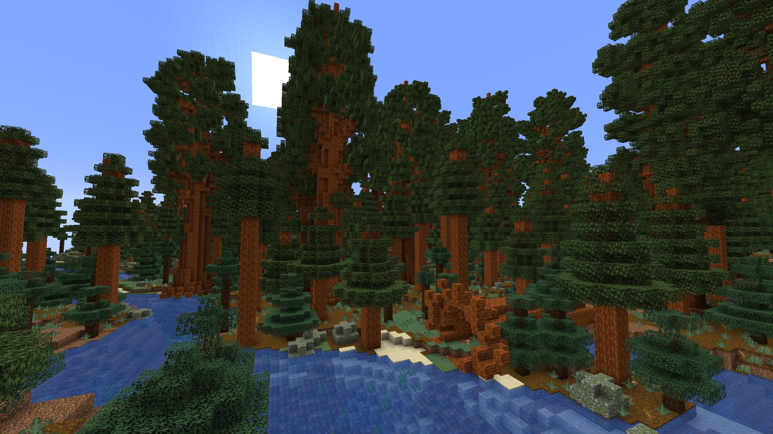 Rivière au pied des séquoias de Mariposa Rivière traversant une forêt de séquoias géants dans Minecraft avec le mod Mariposa