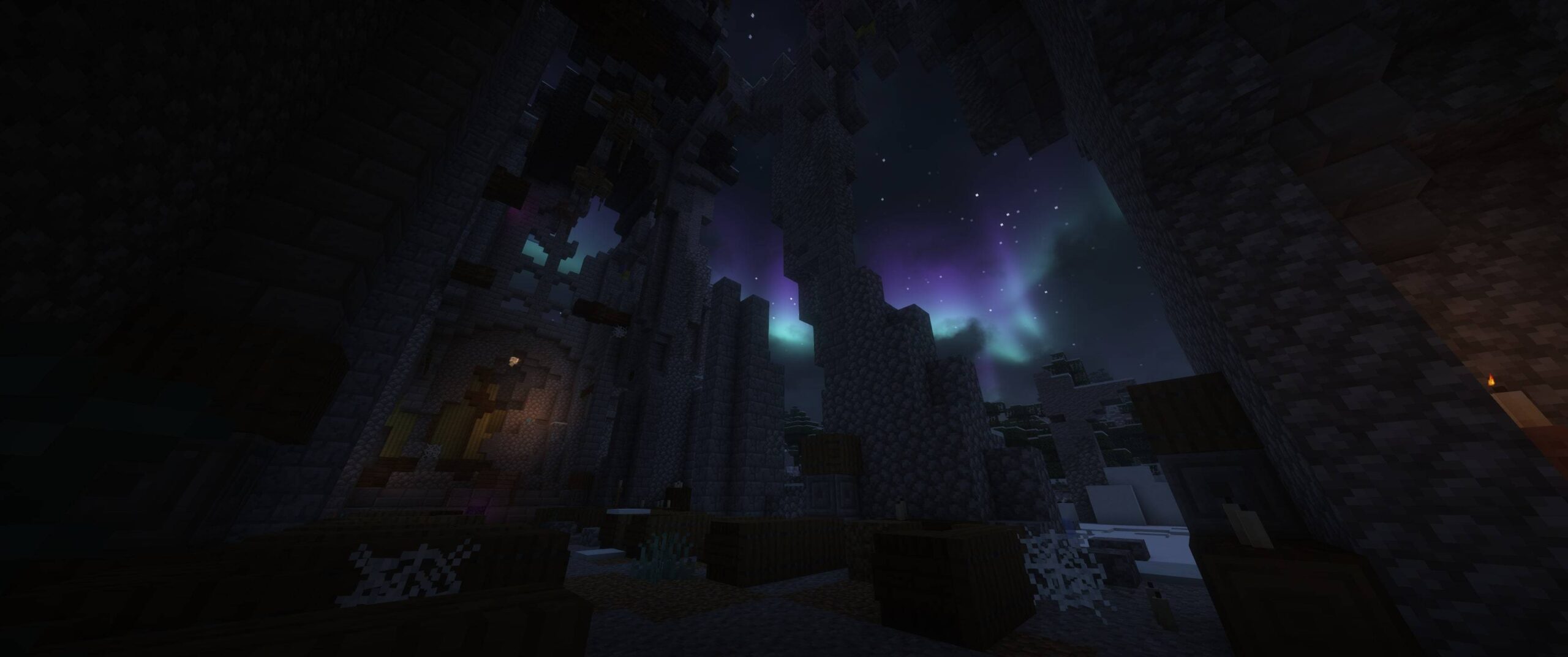 Ruines de nuit avec Grim Kingdoms Ruines médiévales de nuit dans un biome enneigé avec Grim Kingdoms