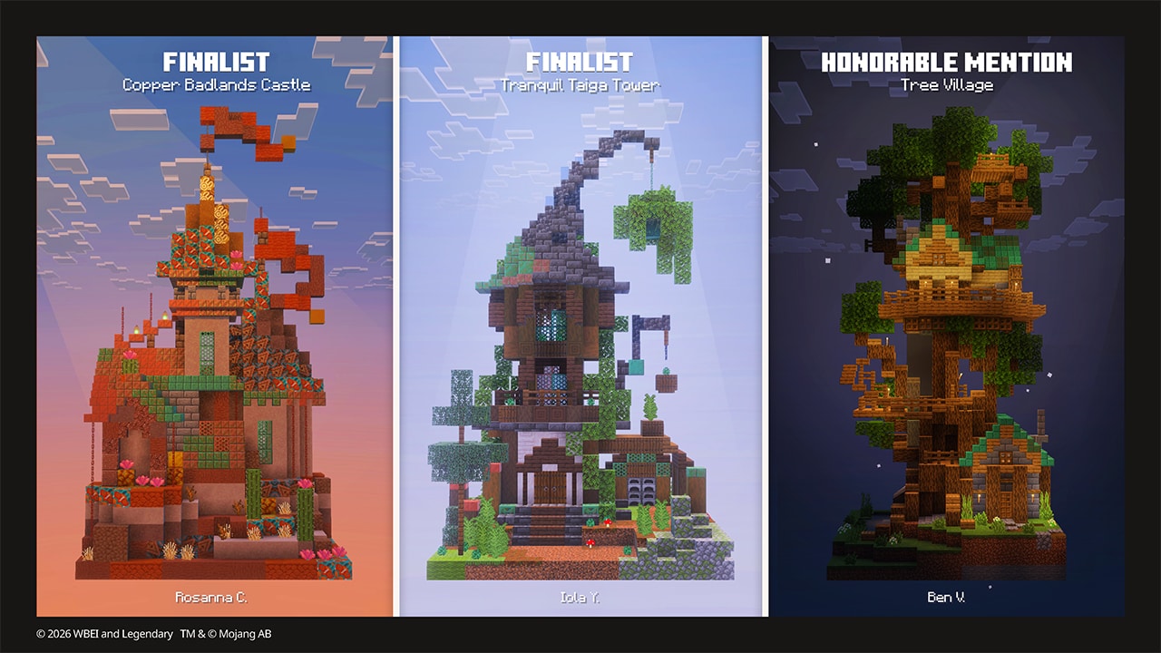 Les autres constructions retenues pour A Minecraft Movie Squared Le Copper Badlands Castle, la Tranquil Taiga Tower et le Tree Village sélectionnés pour le prochain film Minecraft