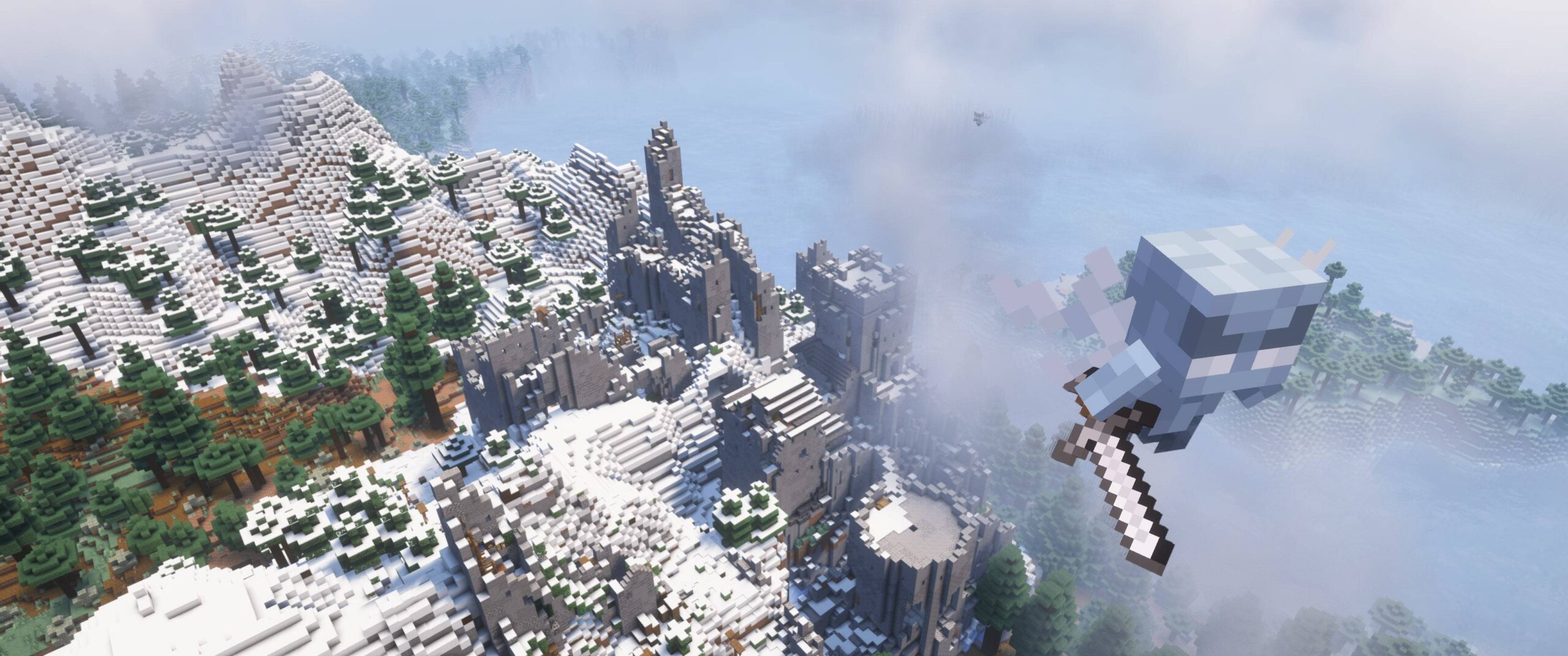 Château vu de haut avec Grim Kingdoms Vue aérienne d’un château de Grim Kingdoms dans Minecraft