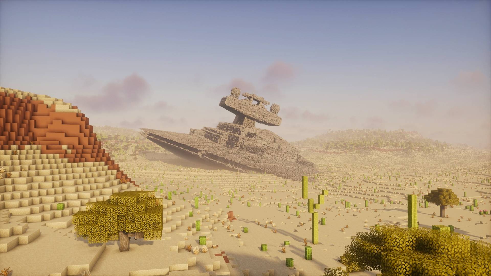 Paysage désertique avec Star Destroyer écrasé sur une map Minecraft de survie