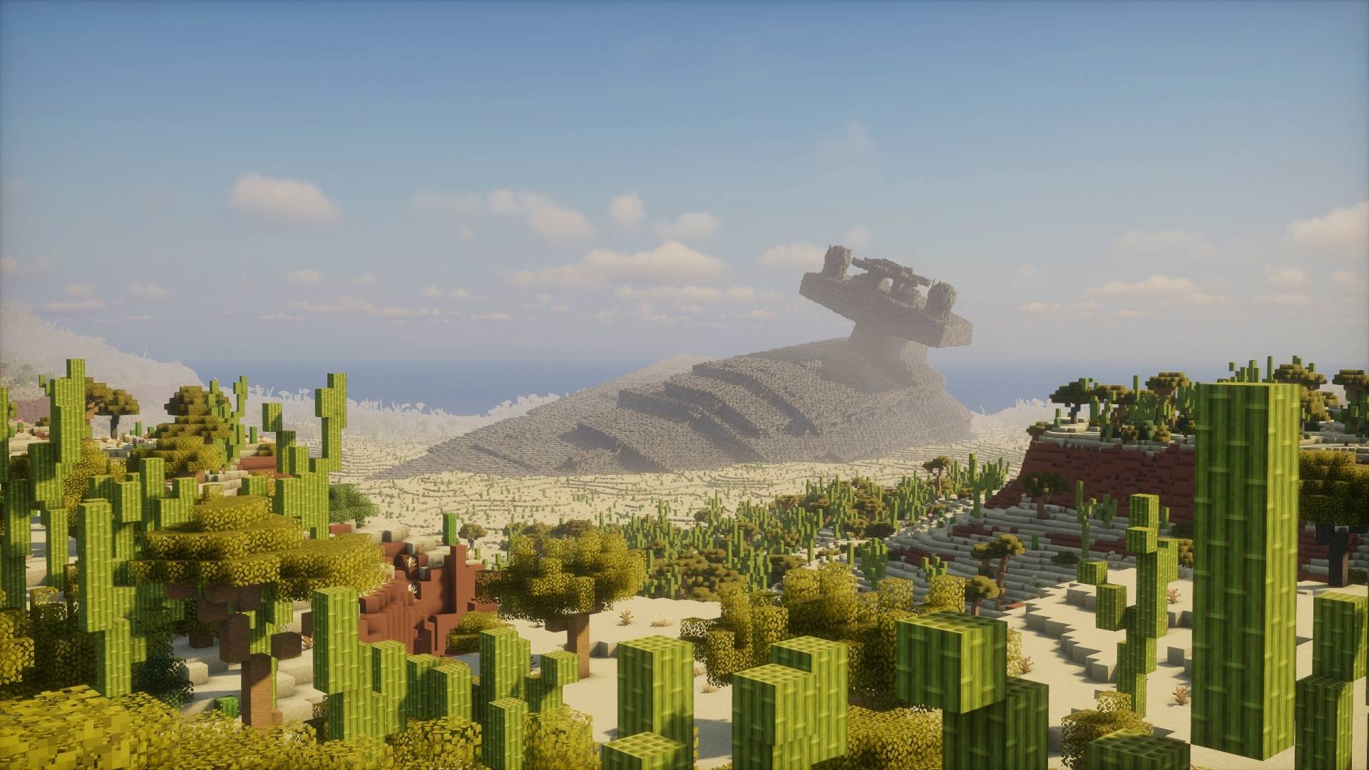 Vue rapprochée du Star Destroyer écrasé dans le désert Minecraft